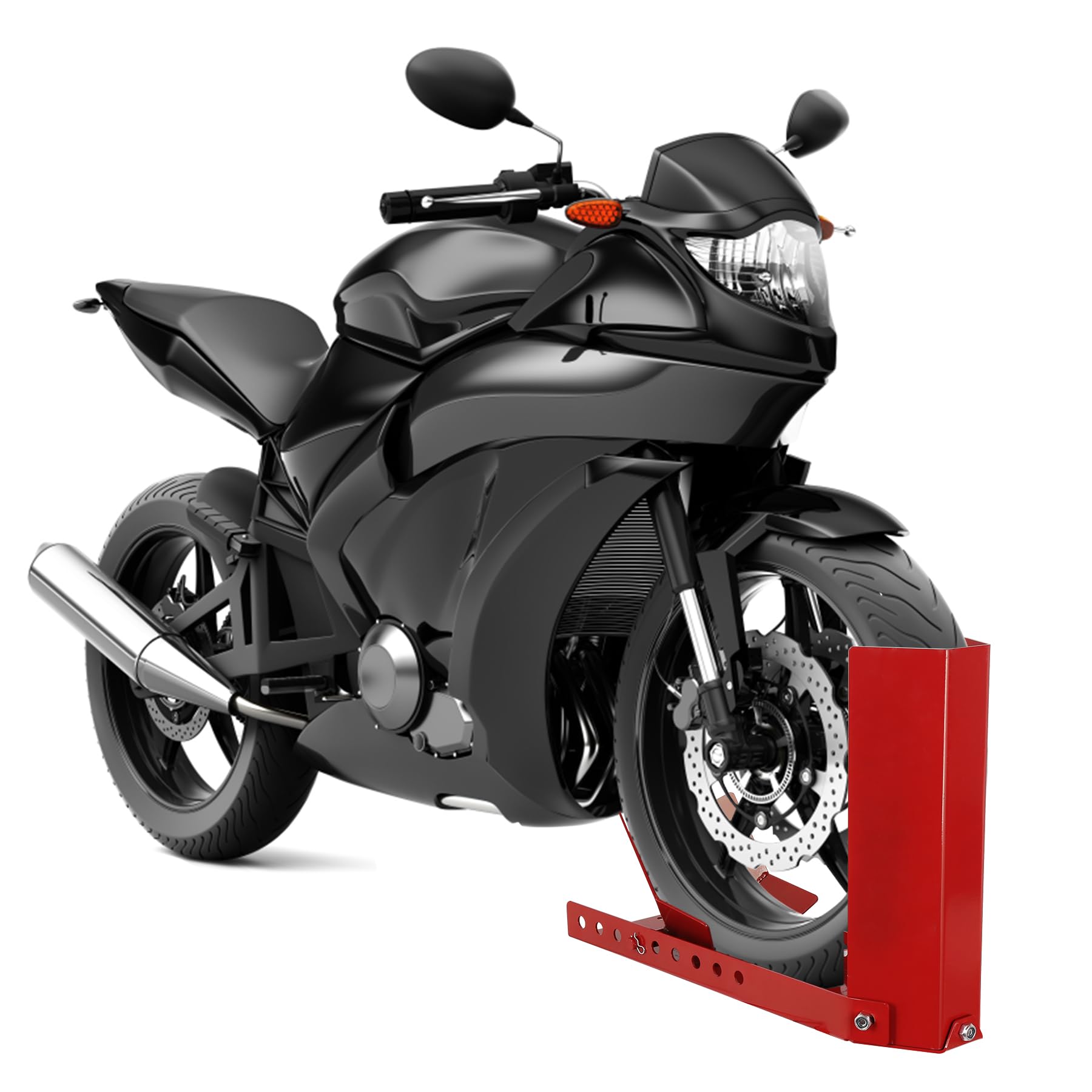 Motocyklowy standardowy zacisk przedniego koła motocykla, stojak transportowy motocyklowy z 3 otworami na śruby kotwiące, szyna ułatwiająca ładowanie, 4 sztuki