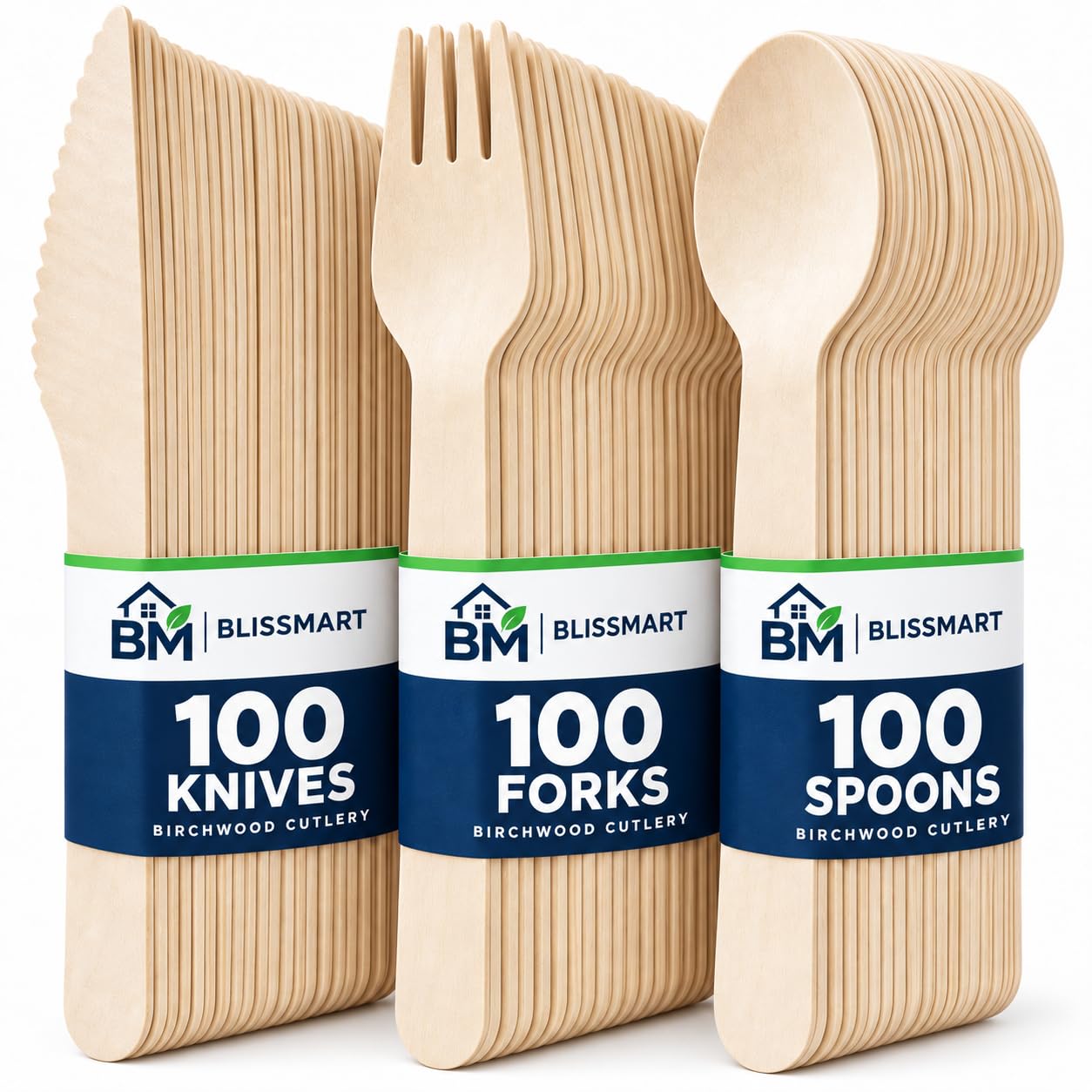 BLISSMART Wooden Cutlery Set 300 Pieces Disposable Forks Spoons and Knives