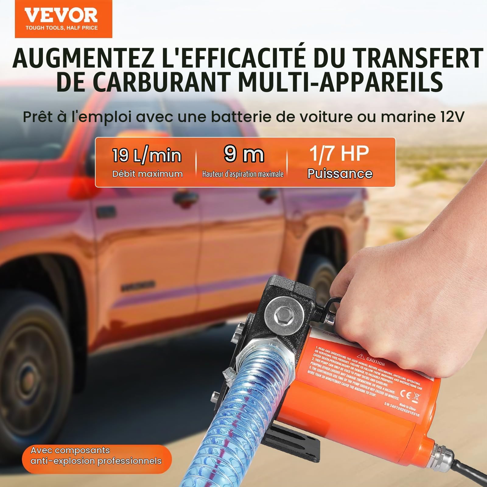 VEVOR Pompe Transfert Carburant Électrique Portable 12 V CC 5 GPM 19 L/min 1/7 CV Buse de Carburant Arrêt Automatique, Long Tuyau Entrée et Sortie, pour Mélange d'Essence, Diesel, Kérosène, Méthanol