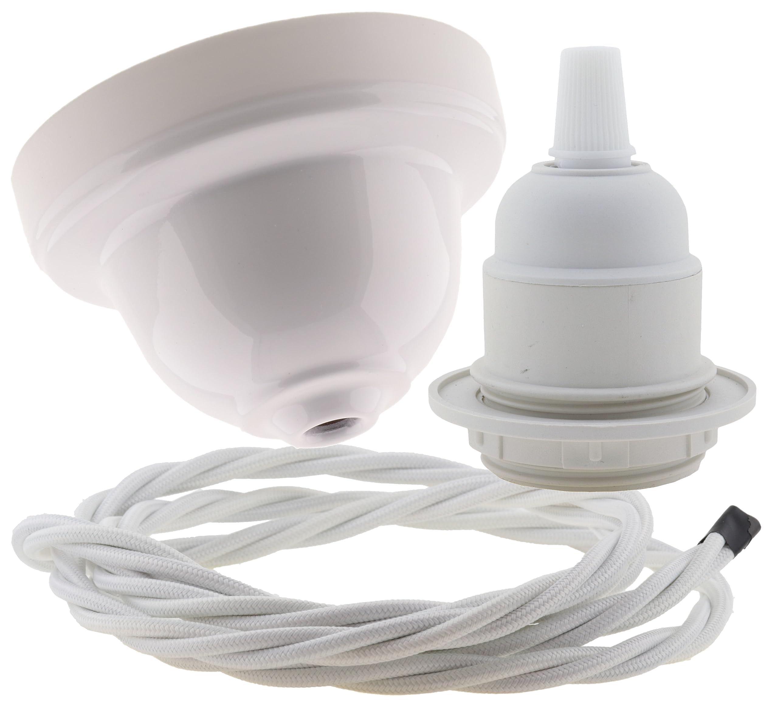 Art Deco Emporium Repaireum Ltd. Vintage Styled Ceiling Pendant Kit incl. Gloss White Rose, E27 Bulb Holder and 3 Core White Braided Twisted Flex