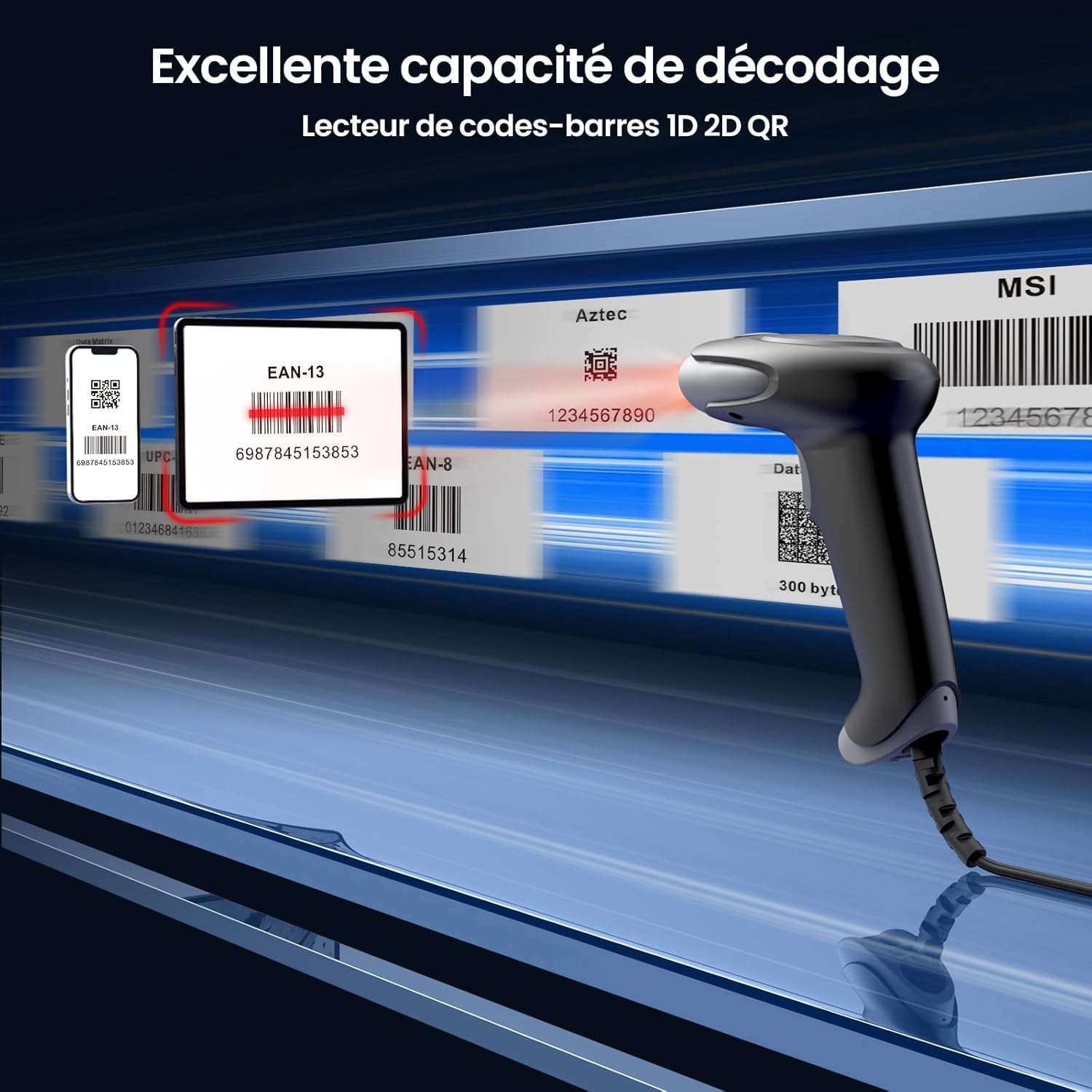 Eyoyo Lecteur Codes Barres 1D 2D USB Douchette Scanner Code Barre QR PDF417 Data Matrix pour PC Mac