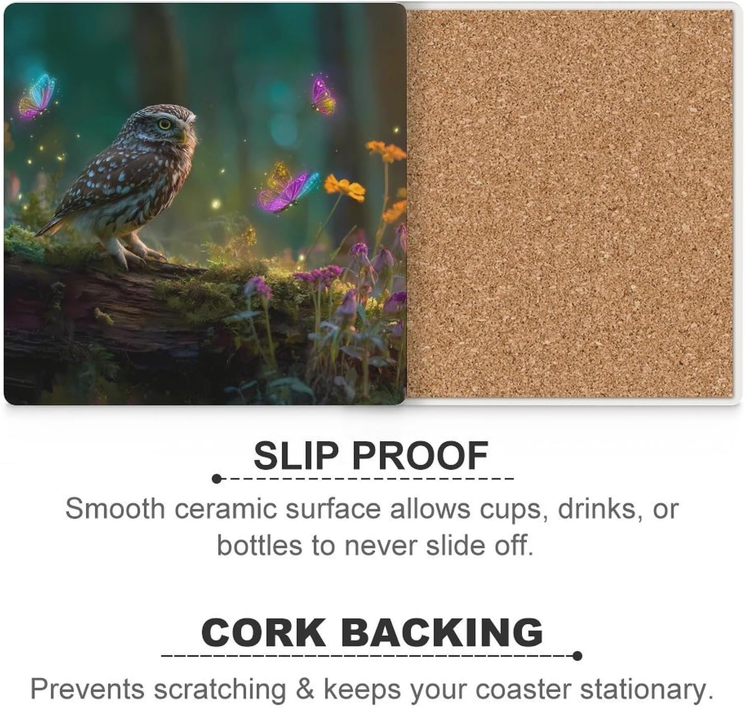 Cute Owl Butterfly Coaster for Drinks Square Ceramic Table Coasters Stone Mat Crafts 6PCS Home Kitchen Decor