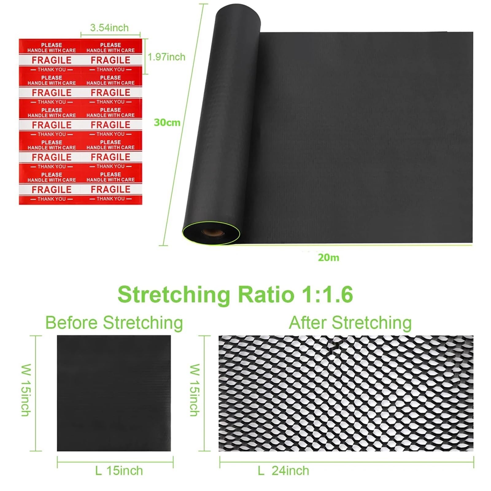 Alternatywa dla folii bąbelkowej, Rolka papieru o strukturze plastra miodu szerokości 30 cm, czarna do pakowania prezentów(Black 30cmx20m)