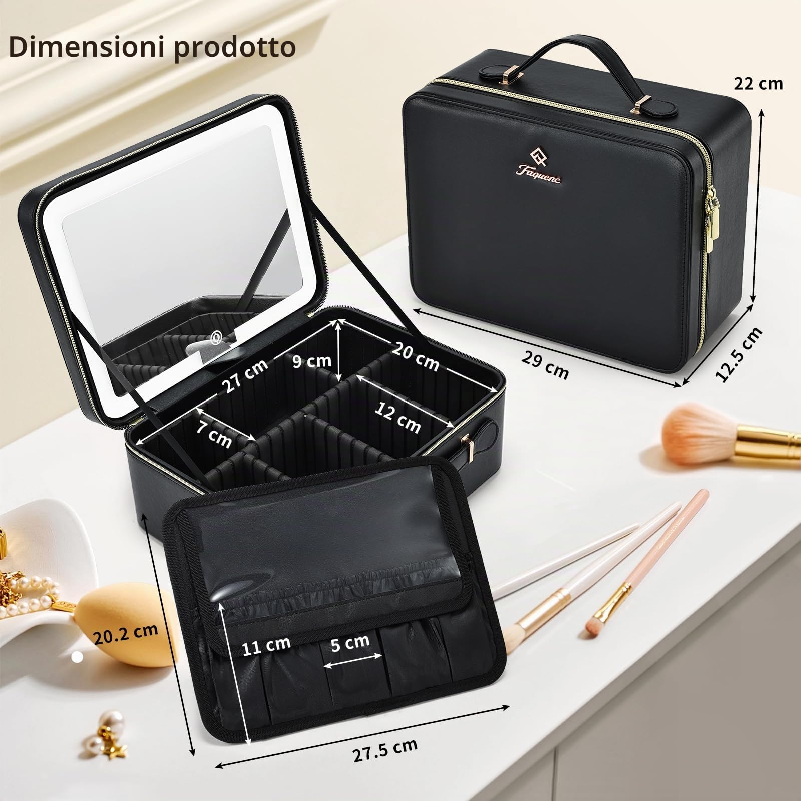 Grande custodia per trucco con specchio a LED Vanity Case rimovibile con specchio luminoso in pelle PU portatile Makeup Artist Carry Vanity Box con divisori porta pennelli da trucco, nero