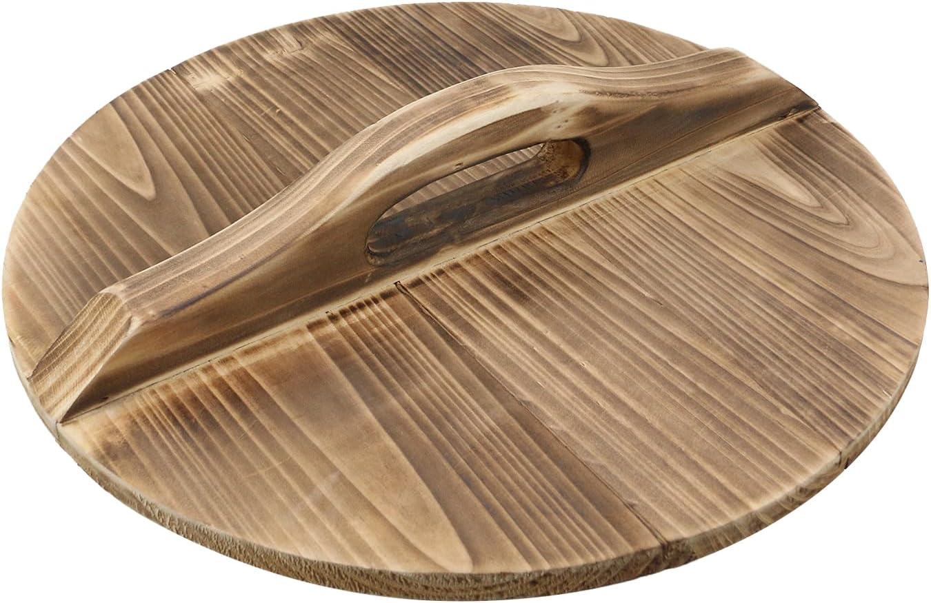 Oedema Wooden Pot Lid Round Pot Cover Pan Wood Lid 13 Inch Fry Cover for Cast Iron Pan Kitchen Cooking Lid with Ergonomic Handle