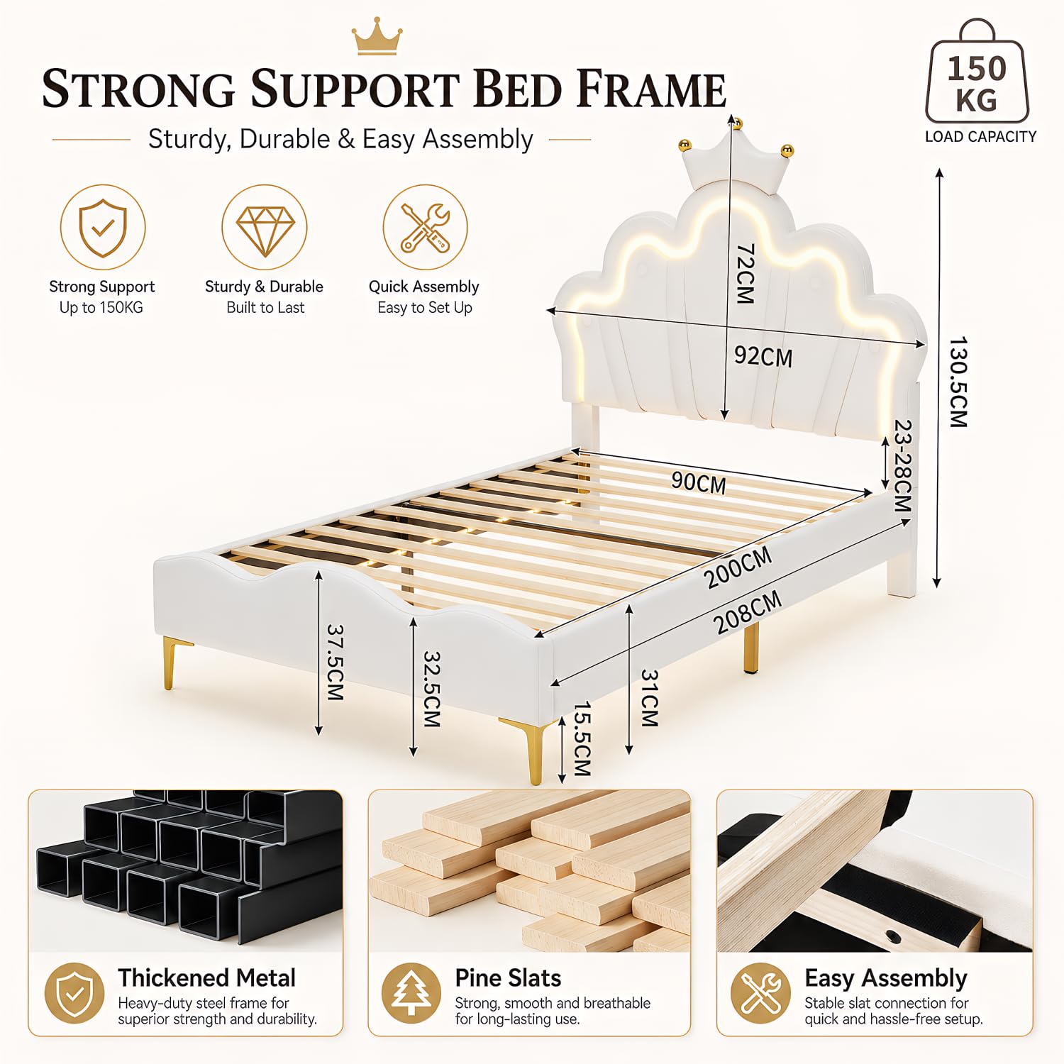 BRILVERDE Cama de Niña 90x200 con LED, Cama Princesa con cabecera coronada, Marco con somier de láminas, para niñas, para niños y adolescentes, PU (blanco, 90x200 cm)