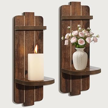 Rustic Candle Holder Set of 2 Vintage Brown Wooden Wall Sconces for Fireplace, Bedroom & Living Room Farmhouse Wall Decor with Candle Shelf for Home, Aisle, Hallway