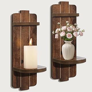 Rustic Candle Holder Set of 2 – Vintage Brown Wooden Wall Sconces for Fireplace, Bedroom & Living Room – Farmhouse Wall Decor with Candle Shelf for Home, Aisle, Hallway