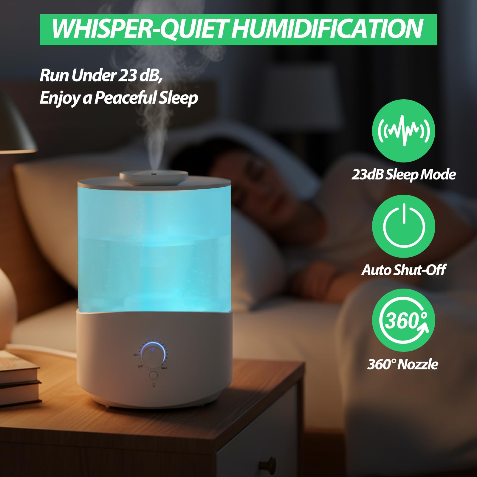 Cozary Humidificateur d'Air Chambre 2.5L Top-Fill, 28H Diffuseur d’Huiles Essentielles, Arrêt Automatique, 23 dB Silencieux, 7 Color Light, Buse à 360°, pour Chambre à Coucher,Chambre Bebe,Plantes