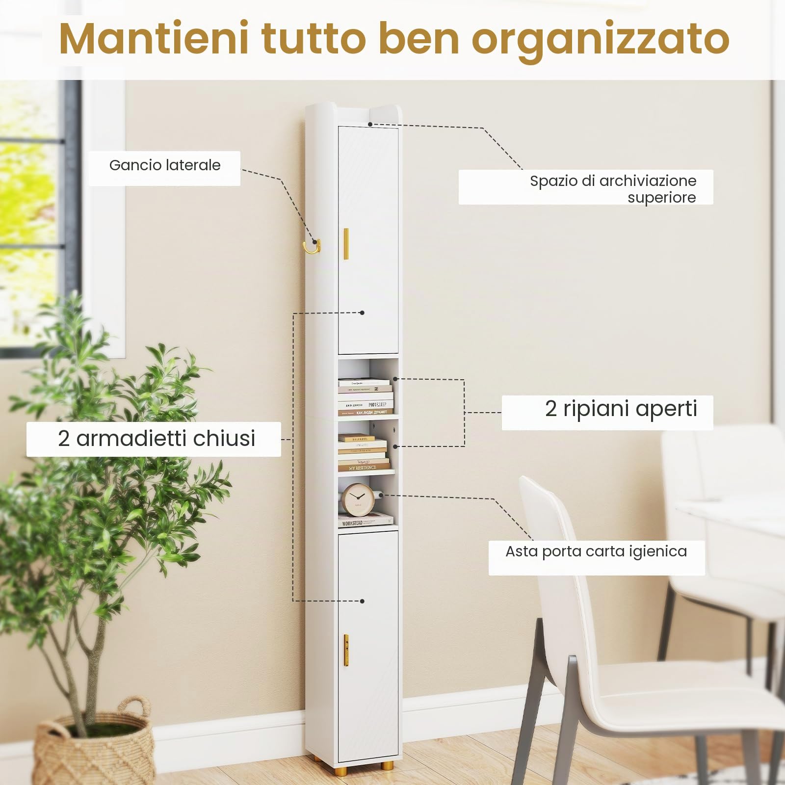 FANTASK Armadio alto sottile con ripiani regolabili, porta carta igienica e ganci laterali, per cucina e bagno, 20 x 20 x 179 cm (bianco)