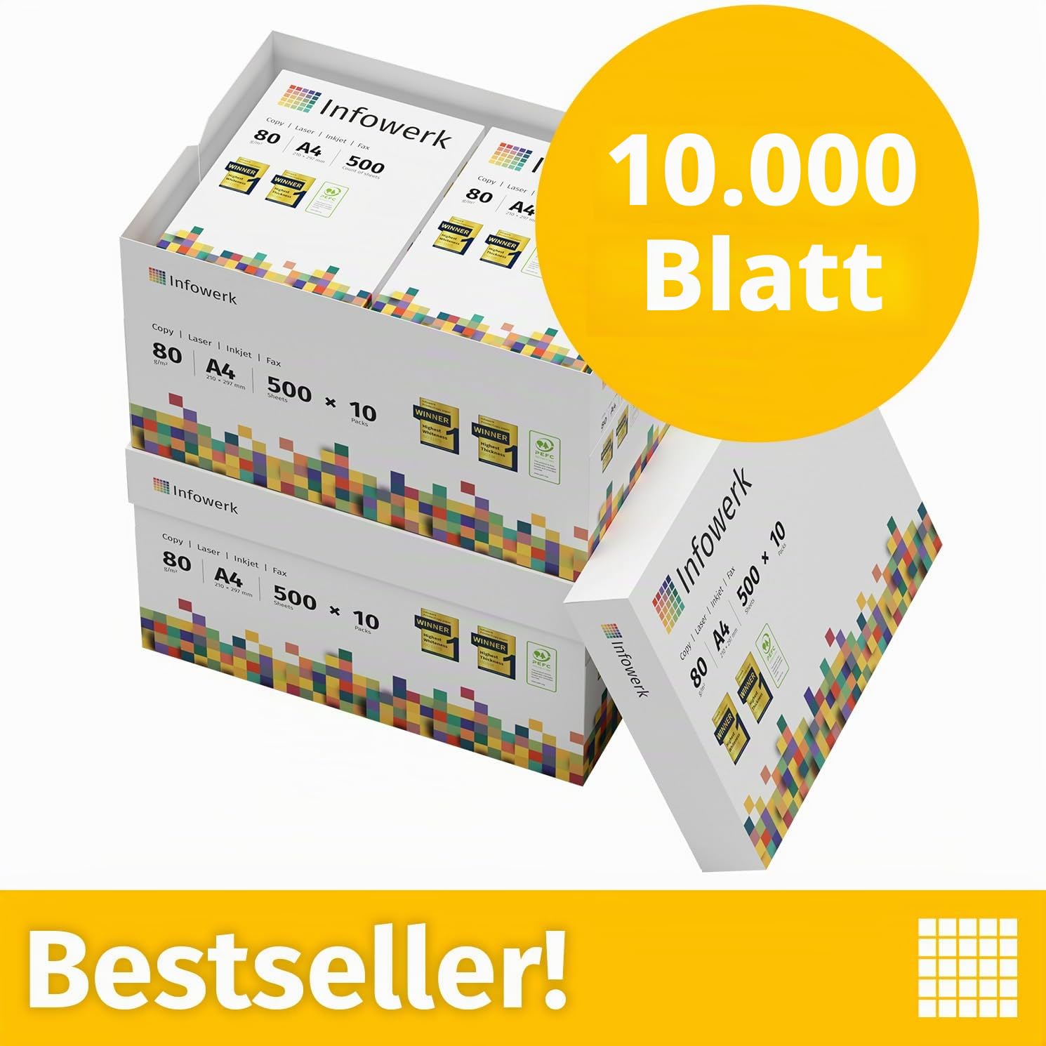 Druckerpapier Kopierpapier 500-150000 Blatt A4 80g Premium Weiß PEFC zertifiziert (10.000 Blatt)