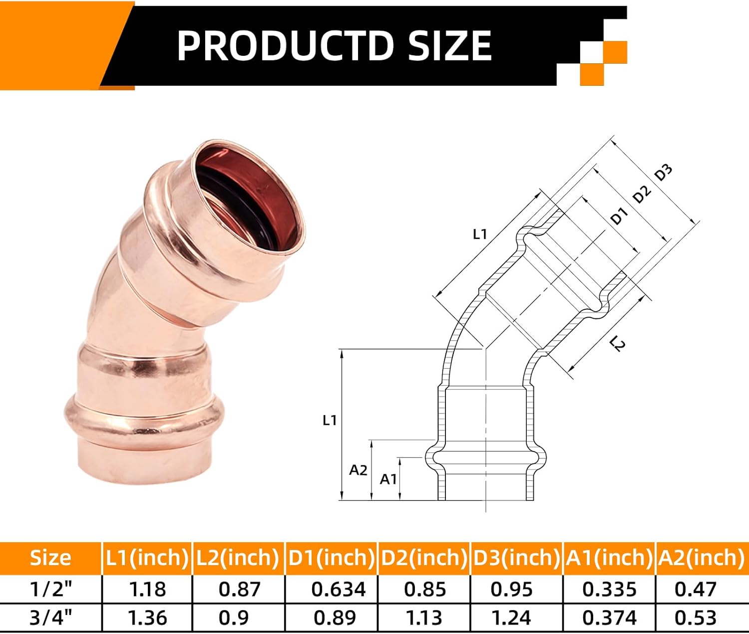 3/4 Inch 45 Degree Pure Copper Press Fittings Elbow, Pro Press Fittings 3/4 x 3/4, Zero Lead Copper Press Fittings for Heating and Potable Water, Propress Compatible Pipe Fitting(10 Pack)