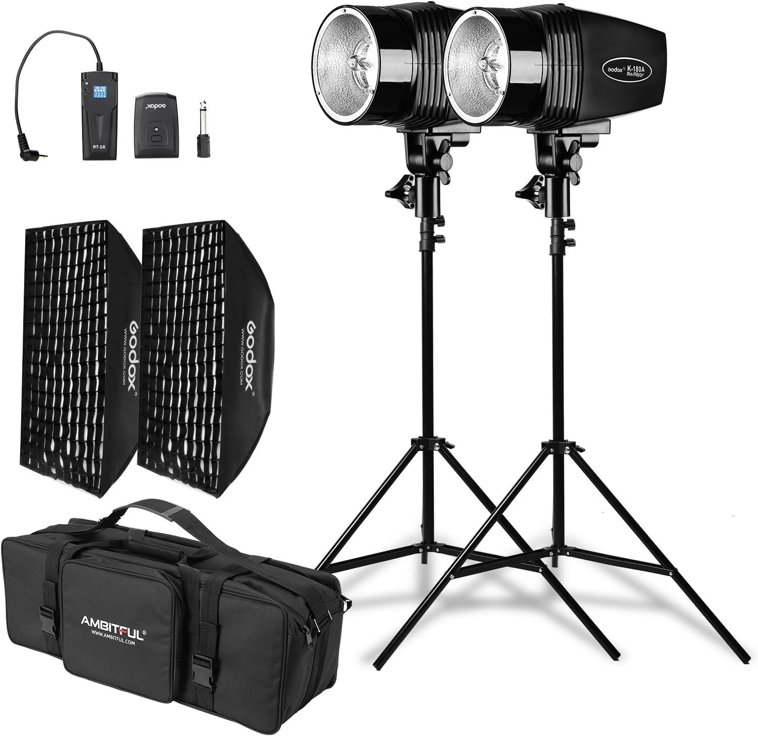 Godox 2X K-180A Strobe Light Kit, 180Ws Studio Strobe Light Kit for Photography,5600K Compact Monolights with RT-16 Trigger, Softbox, Tripod Stands, Storage Bag