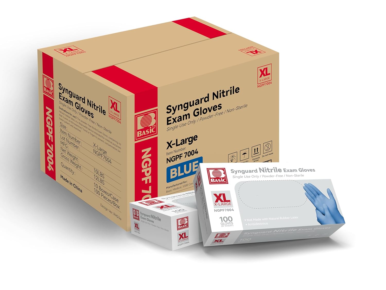 Basic Medical Blue Nitrile Exam Gloves - Latex-Free & Powder-Free - NGPF 7004 (Case of 1,000), Xtra Large