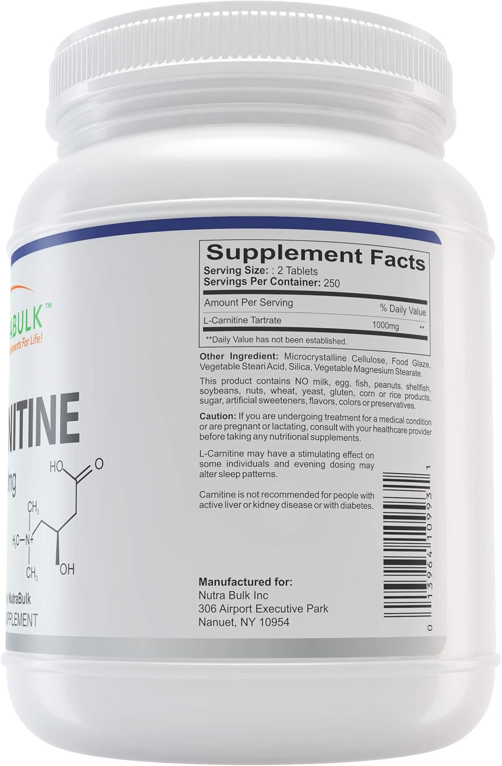 NutraBulk L-Carnitine 500mg Tablets - 250 Count : Everything Else