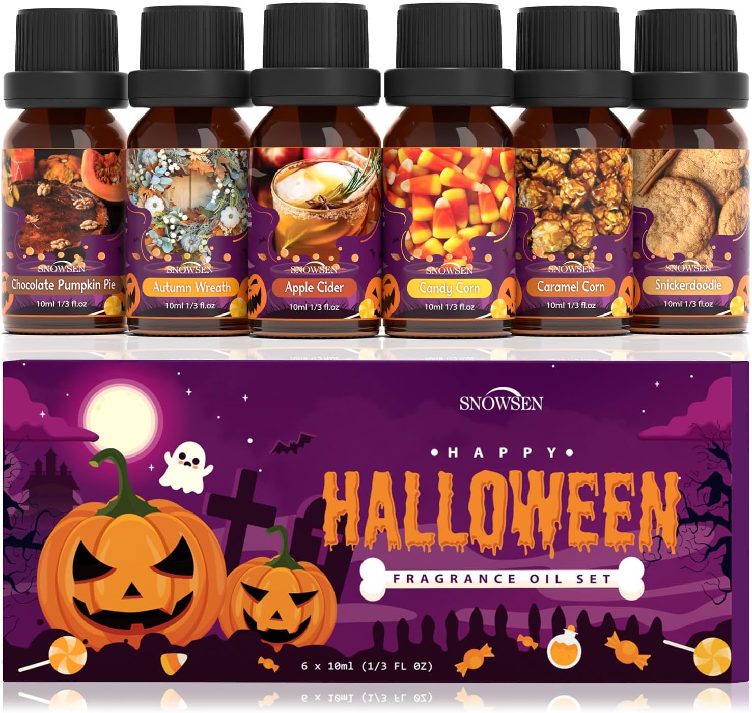 Halloween Essential Oil Set, SNOWSEN Fall Fragrance Oils for Diffuser Oil Scents, Candle Making, Soap Making, Candy Corn, Chocolate Pumpkin Pie, Autumn Wreath, Apple Cider, Caramel Corn,Snickerdoodle