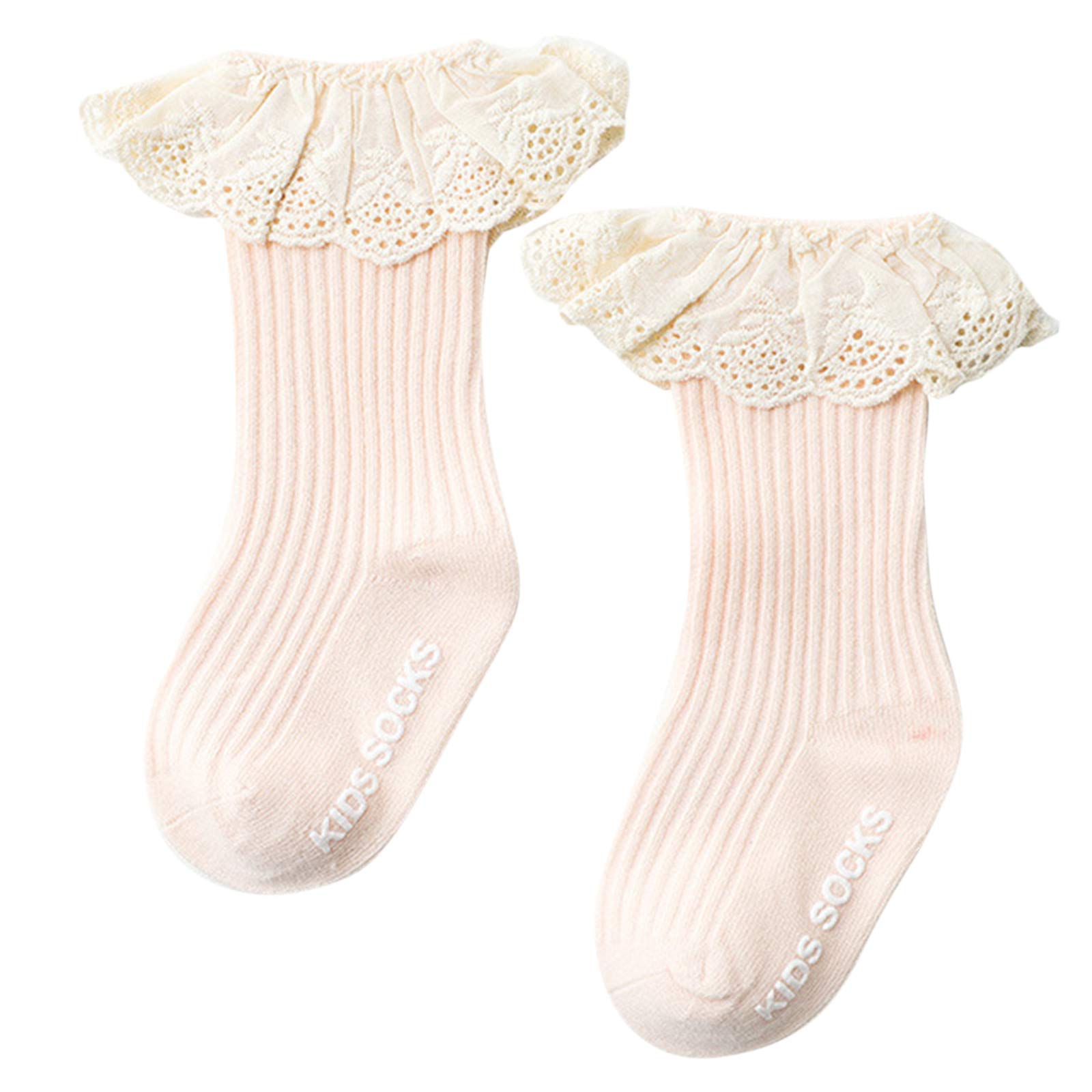 MYhose Calze per neonati Calze al ginocchio per neonate, calze di cotone antiscivolo a costine in pizzo arricciato Rosa M