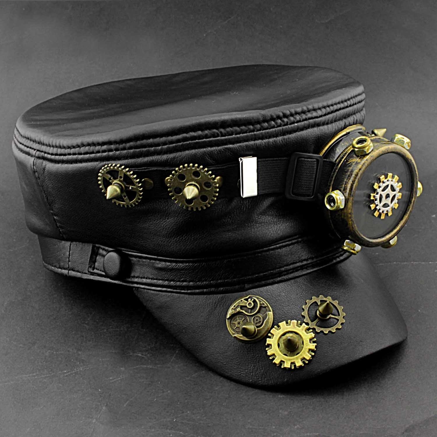 Unisex Steampunk Leather Newsboy Cap Gear Goggle Black Real Leather Cap
