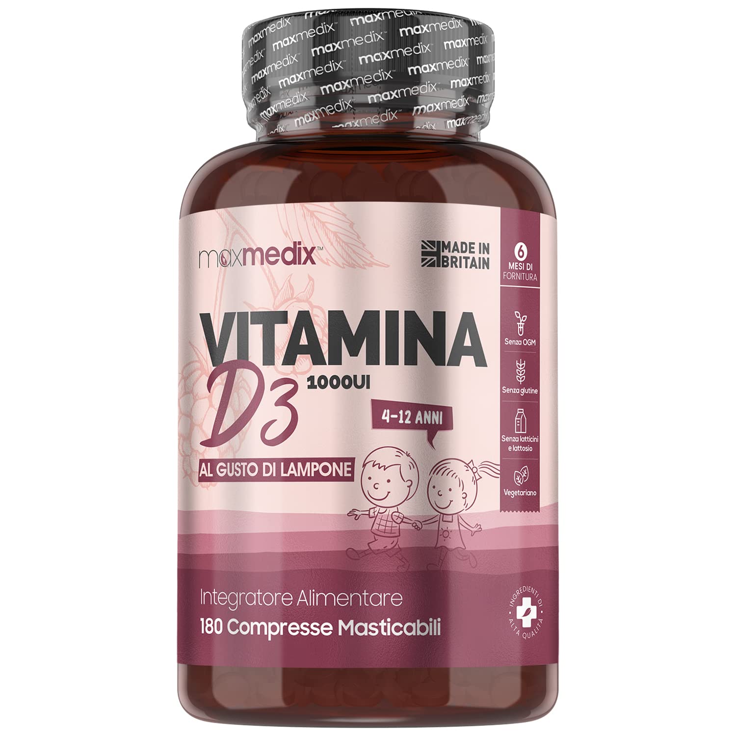 Vitamina D3 - Vitamina D Bambini 1000ui - 180 Compresse Masticabili di Vitamina D (Per 6 Mesi) - Vitamina D3 Bambini Gusto Lampone - Vitamin D3 Senza Zucchero - Vitamina D per Bambini dai 4 ai 12 Anni