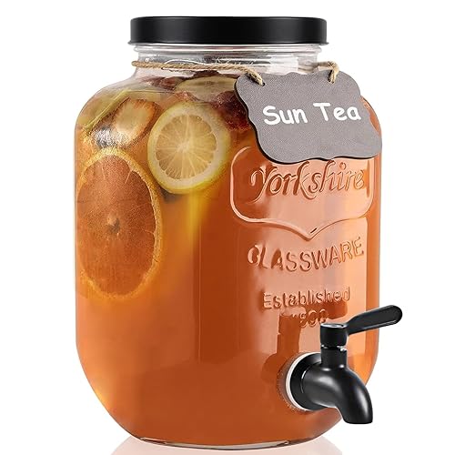 1 Gallon Drink Dispenser with Spigot 18/8 Stainless Steel – Airtight & Leakproof Glass Sun Tea Jar with Anti-Rust Lids, Beverage Dispenser for Parties (Black) - Single - Black