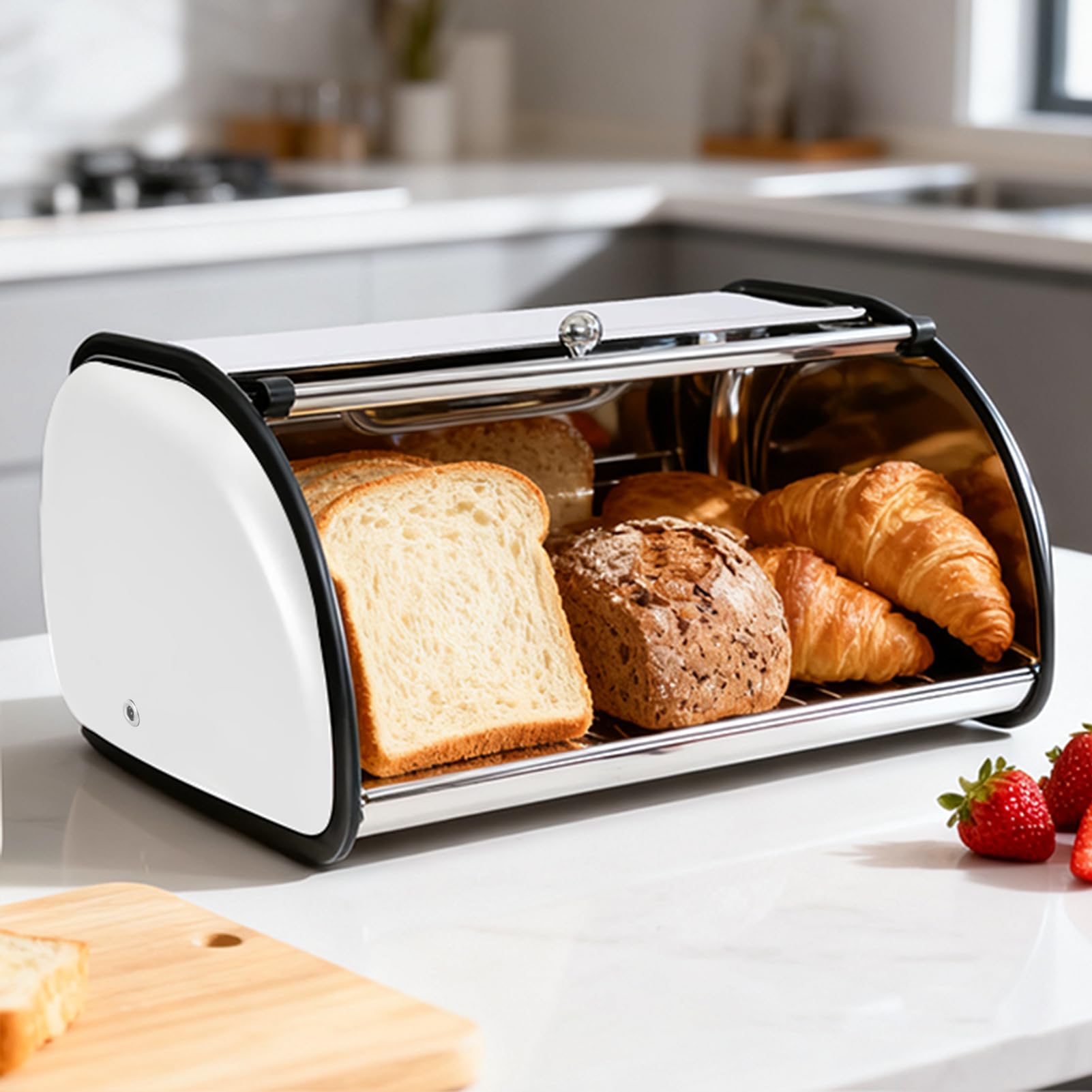 Boîte à Pain Métal Rouge avec Fenêtre de Visualisation, Bread Box en Acier Inoxydable à Couvercle Roulant, Boîte de Conservation pour Pain et Viennoiseries