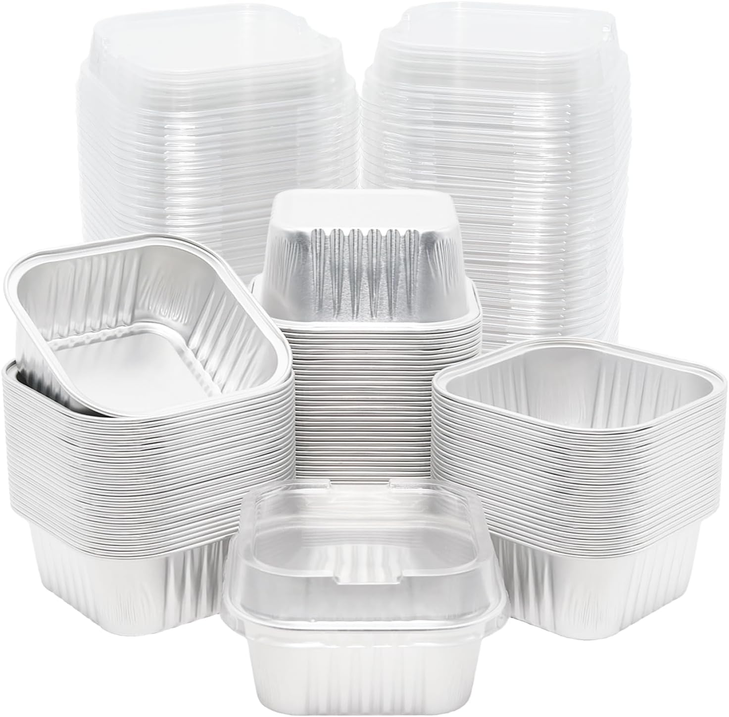 100 Pack 5oz Aluminum Pans with Lids Mini Square Foil Baking Cups with Lids Cupcake Baking Holders, Silver