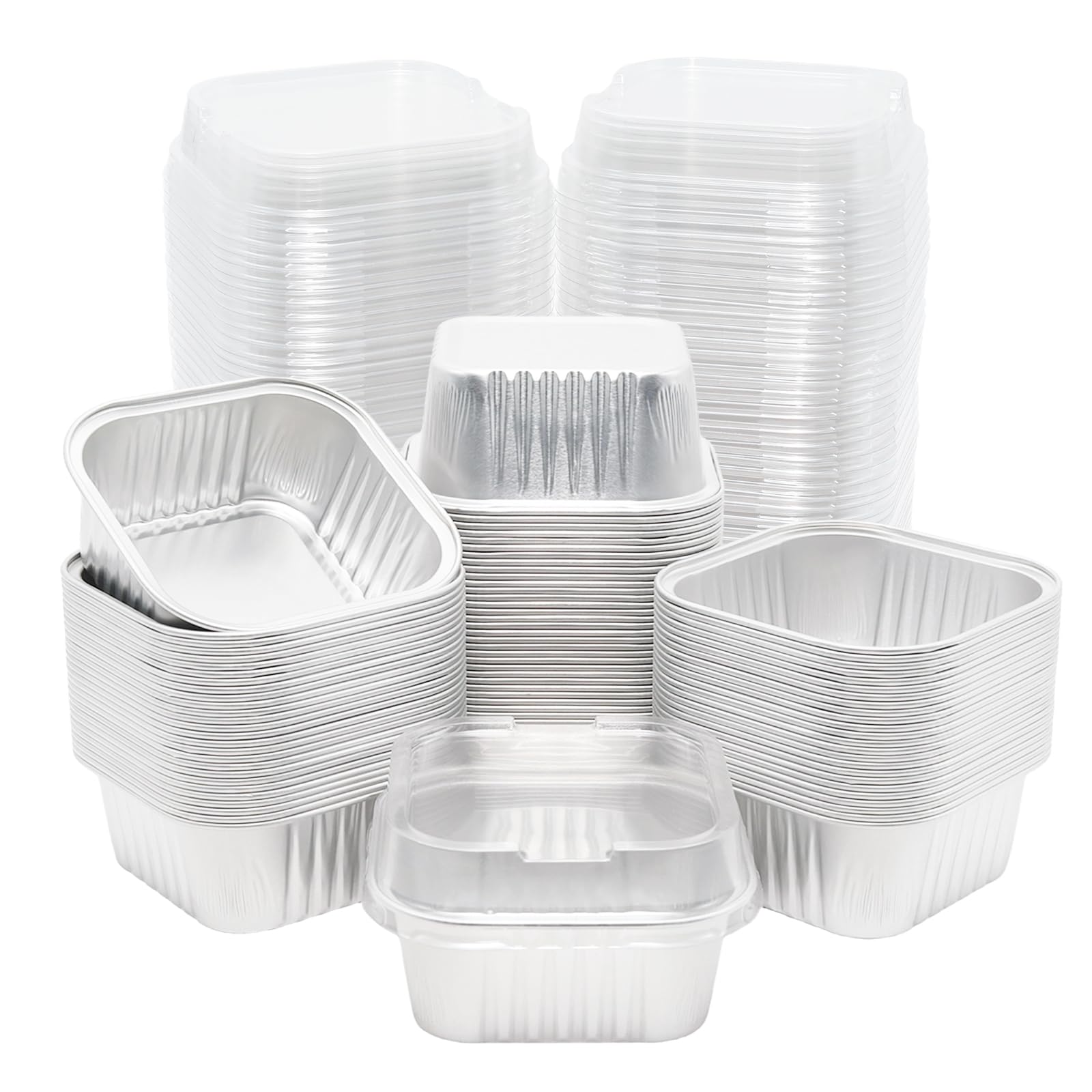100 Pack 5oz Aluminum Pans with Lids Mini Square Foil Baking Cups with Lids Cupcake Baking Holders, Silver