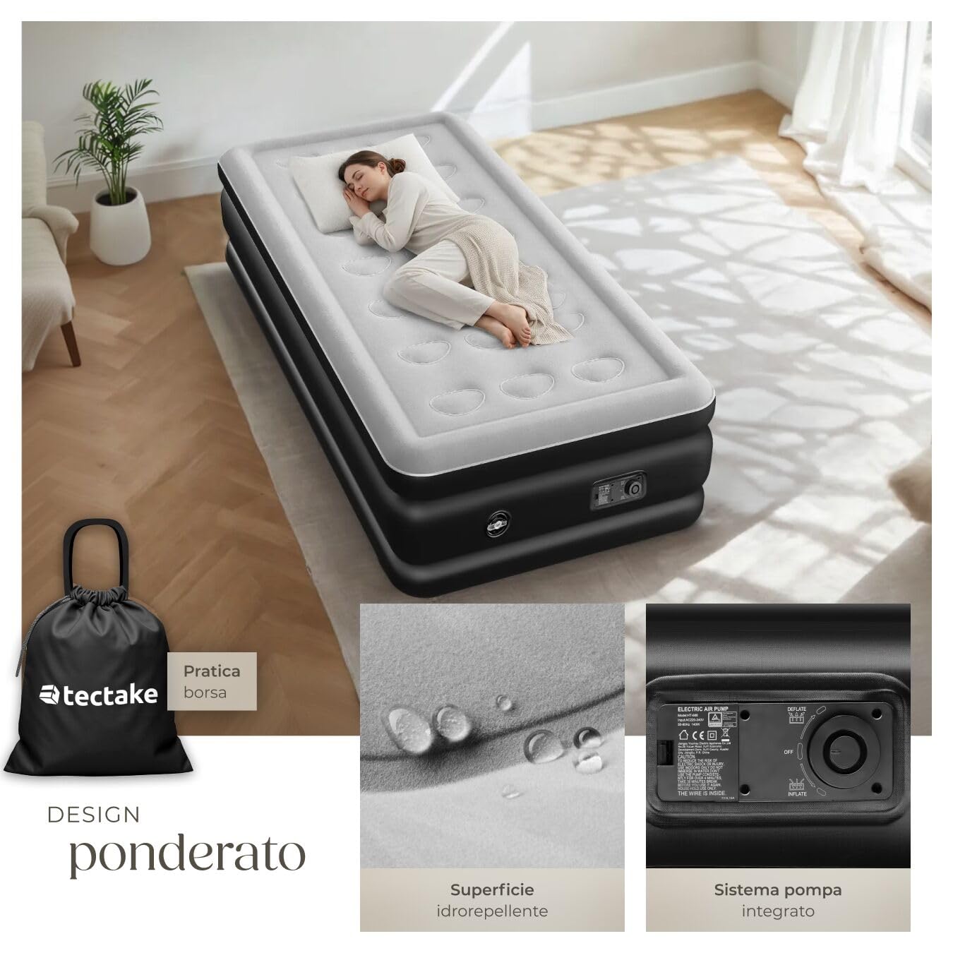 tectake® Materasso Gonfiabile AirDreams, Autogonfiabile con Pompa Elettrica, Singolo e Matrimoniale, Letto Gonfiabile, Viaggi e Campeggio, Comfort e Supporto, Facile da Trasportare - 200 x 101 x 44 cm
