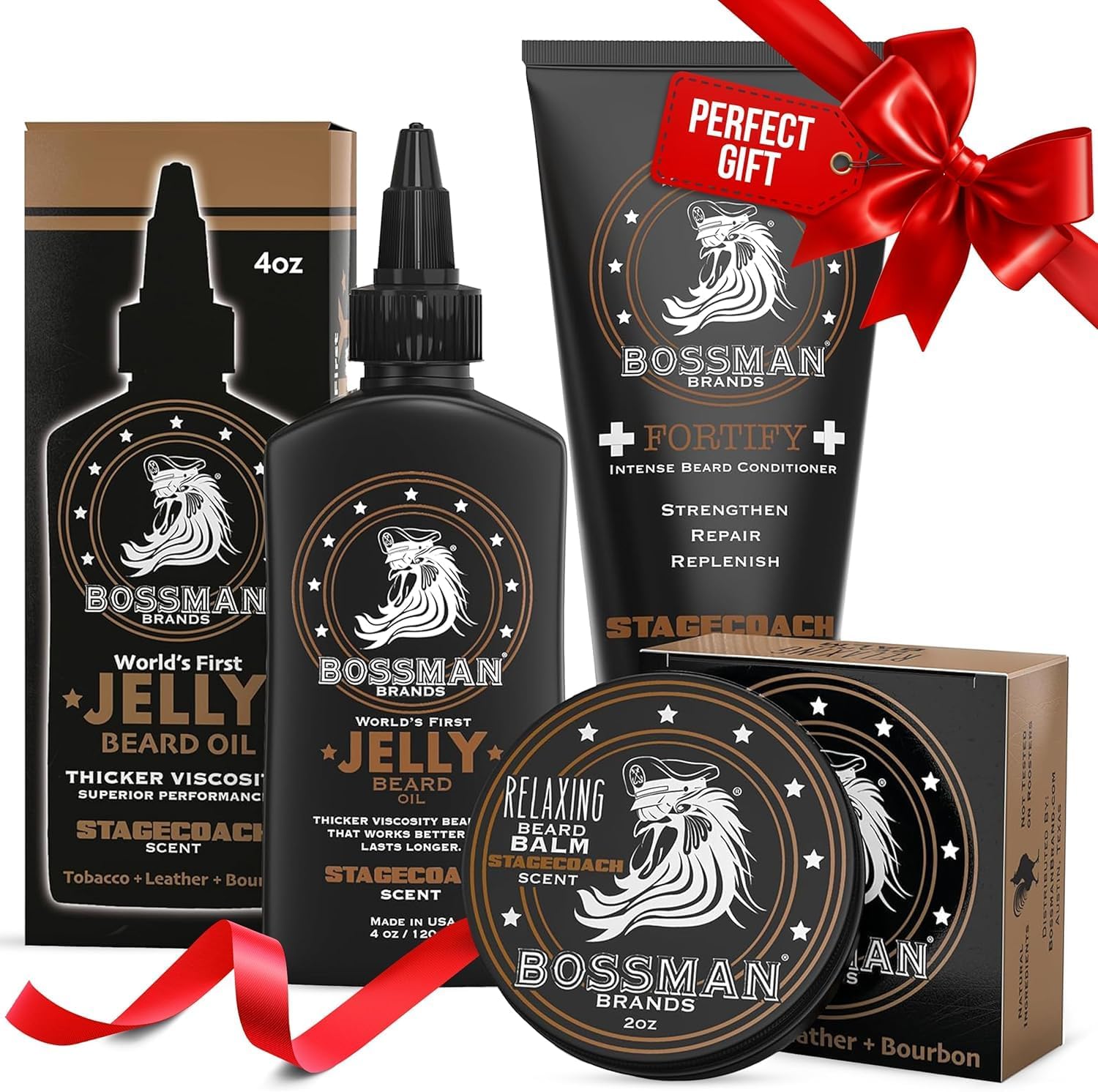 Bossman Essentials Beard Kit for Men, 3-Piece Gift Set - Stagecoach Scent