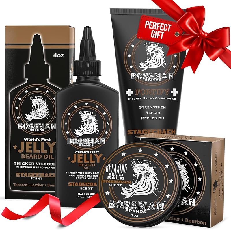 Bossman Essentials Beard Kit for Men, Dad Gifts for Fathers Day, Set of 3 - Beard Oil Jelly, Fortifying Conditioner Cream, Beard Balm - Grooming Growth Care Accessories - Gift Set for Men (Stagecoach) | Beard Grooming Growth Care Kit W/ Beard Oil Jelly, Fortifying Conditioner, Relaxing Balm - Made with All Natural Ingredients