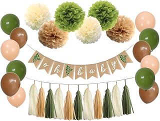 40 Pack Olive Green Gender Neutral Woodland Baby Shower Decorations Boy Girl First Birthday Botanical Safari Greenery Oh Baby Sign Backdrop Burlap Banner Kraft Tan Brown Cream Party Tissue Paper Tassels Garland Flower Pom Poms Balloons Jungle Forest Theme Birthday Nursery Classroom Décor