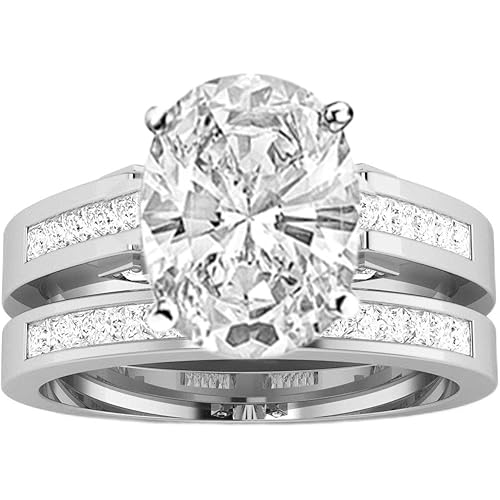 Houston Diamond District 2.45 Carat t.w. Channel Set Princess Cut Diamond Engagement Ring with a 2 Ct Forever Classic Oval Moissanite Center