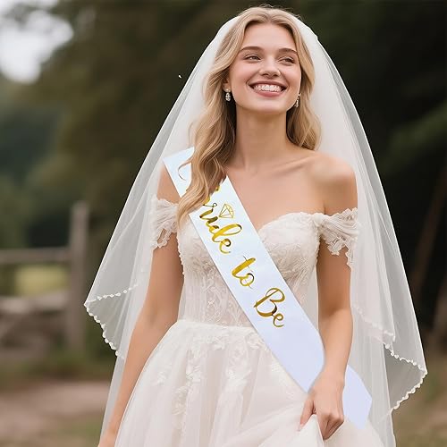 Miniatura 3 de Bride to Be - Banda de satén blanco para despedida de soltera, con letras doradas, suministros de decoración, accesorios, boda, compromiso, fiesta