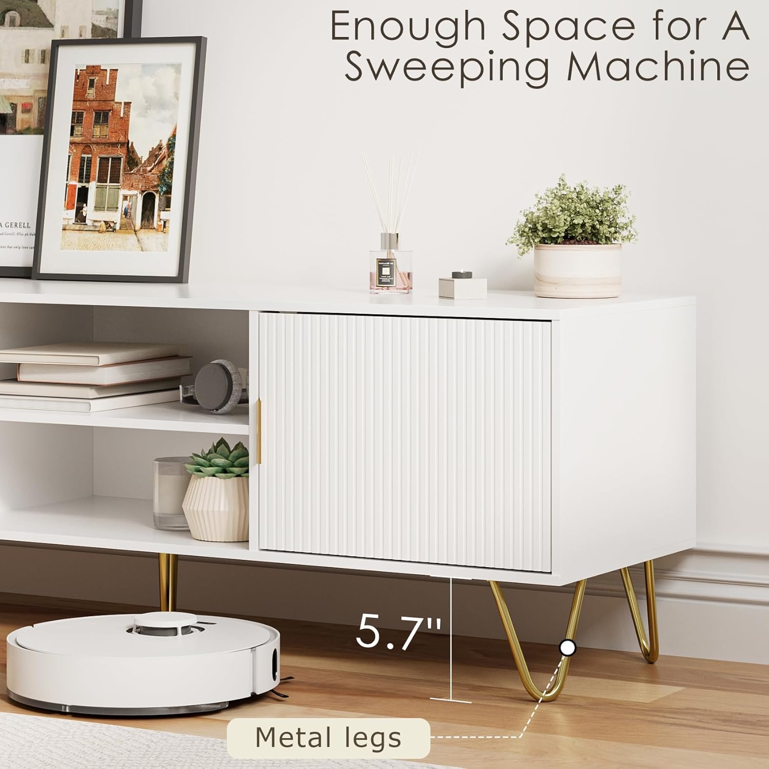 TV Stand for 55-65 Inch TV, Entertainment Center with Soft Hinge Door,TV Console Table with 2 Cabinets with Gold Handle and Feet,for Living Room, Bedroom, White - Image 6