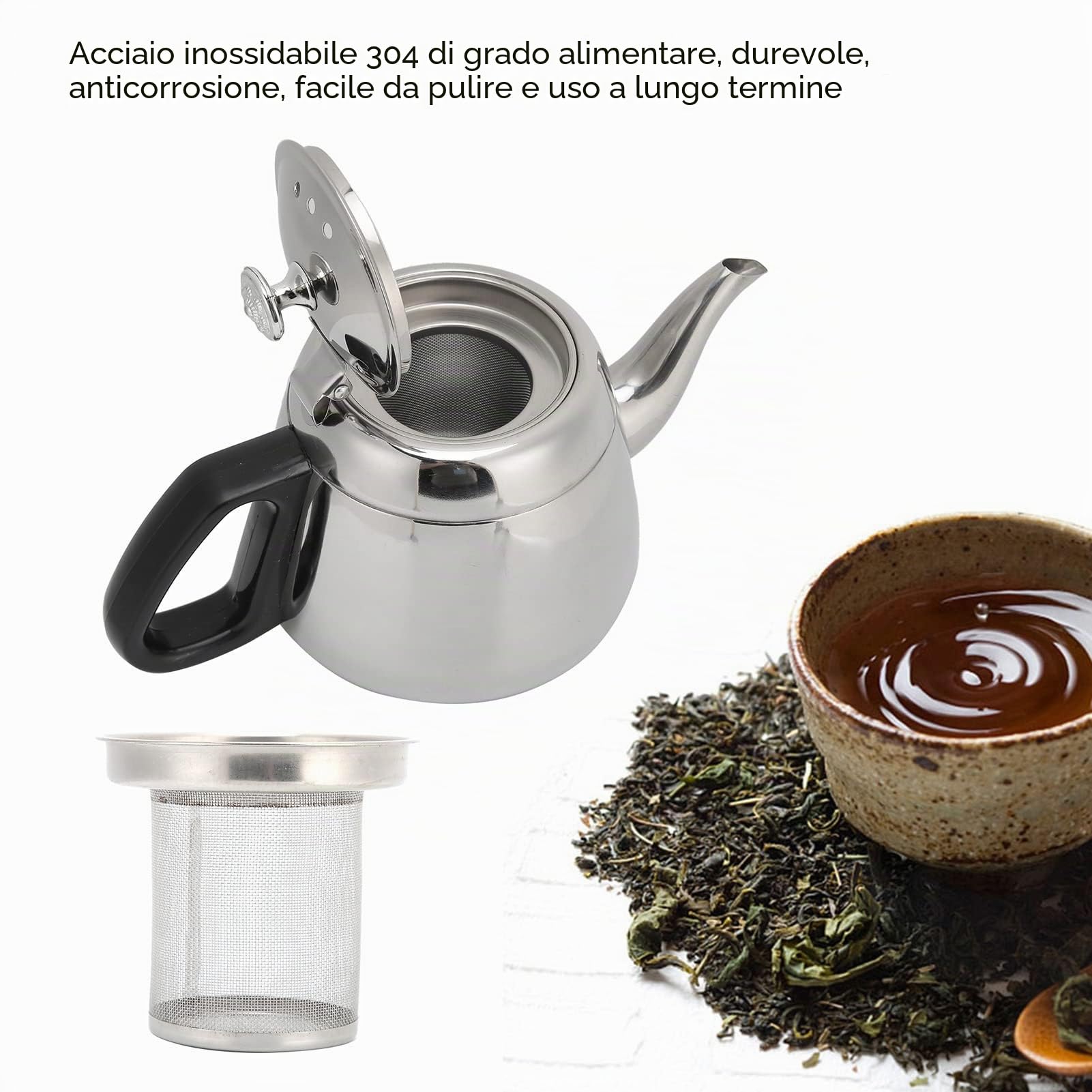 Teiera in Acciaio Inossidabile con Grande capacità, Manico Resistente Al Calore per la Famiglia, Facile Pulizia (1,5 l con filtro)