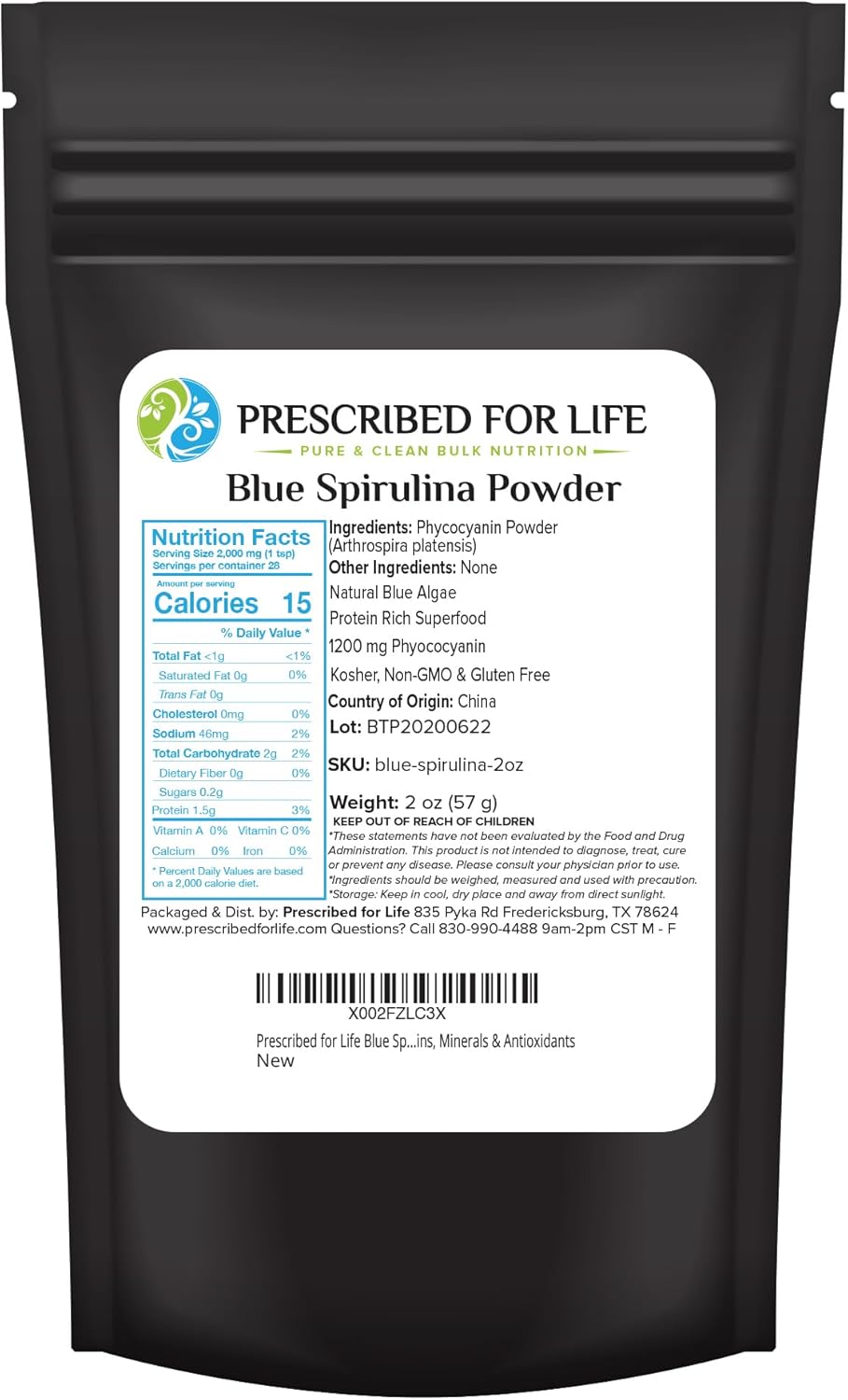 Prescribed For Life Blue Spirulina Powder, Pure Vegan Superfood, Gluten Free, Natural, Non GMO, Blue Algae Powder (Phycocyanin), Packed with Protein, Vitamins & Antioxidants (56g)