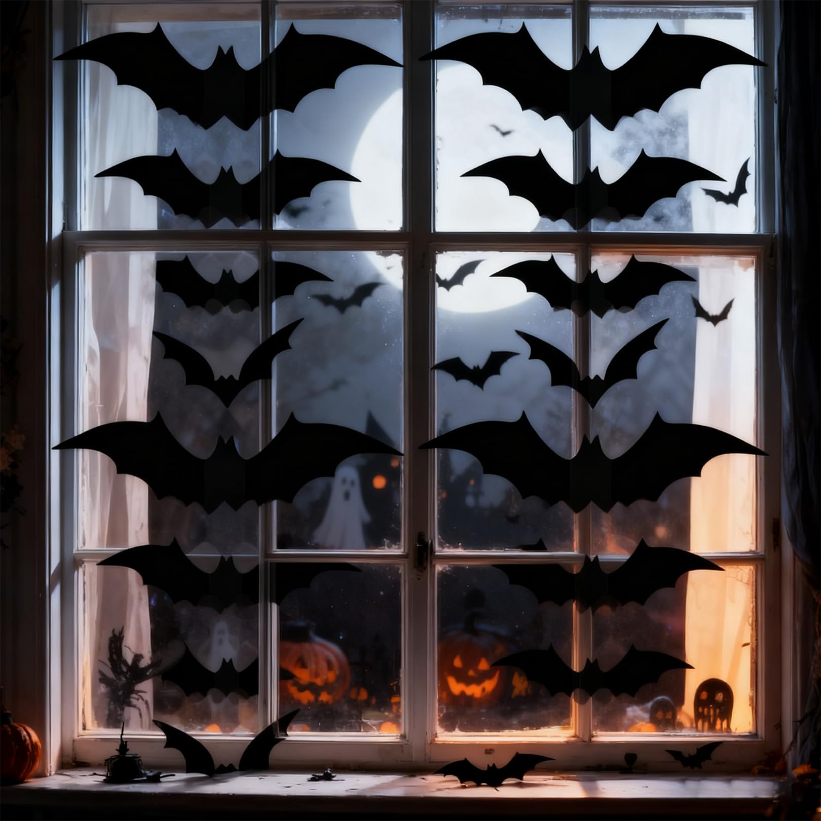 Pryon Halloween Window Stickers,3D Bats Wings Wall Decorations Black Paper Sticker Hanging Door Baseball Decor Decals Cute Bat Bedroom Costume Decoration,for Indoor Kids Home Adult Party (120Pcs)