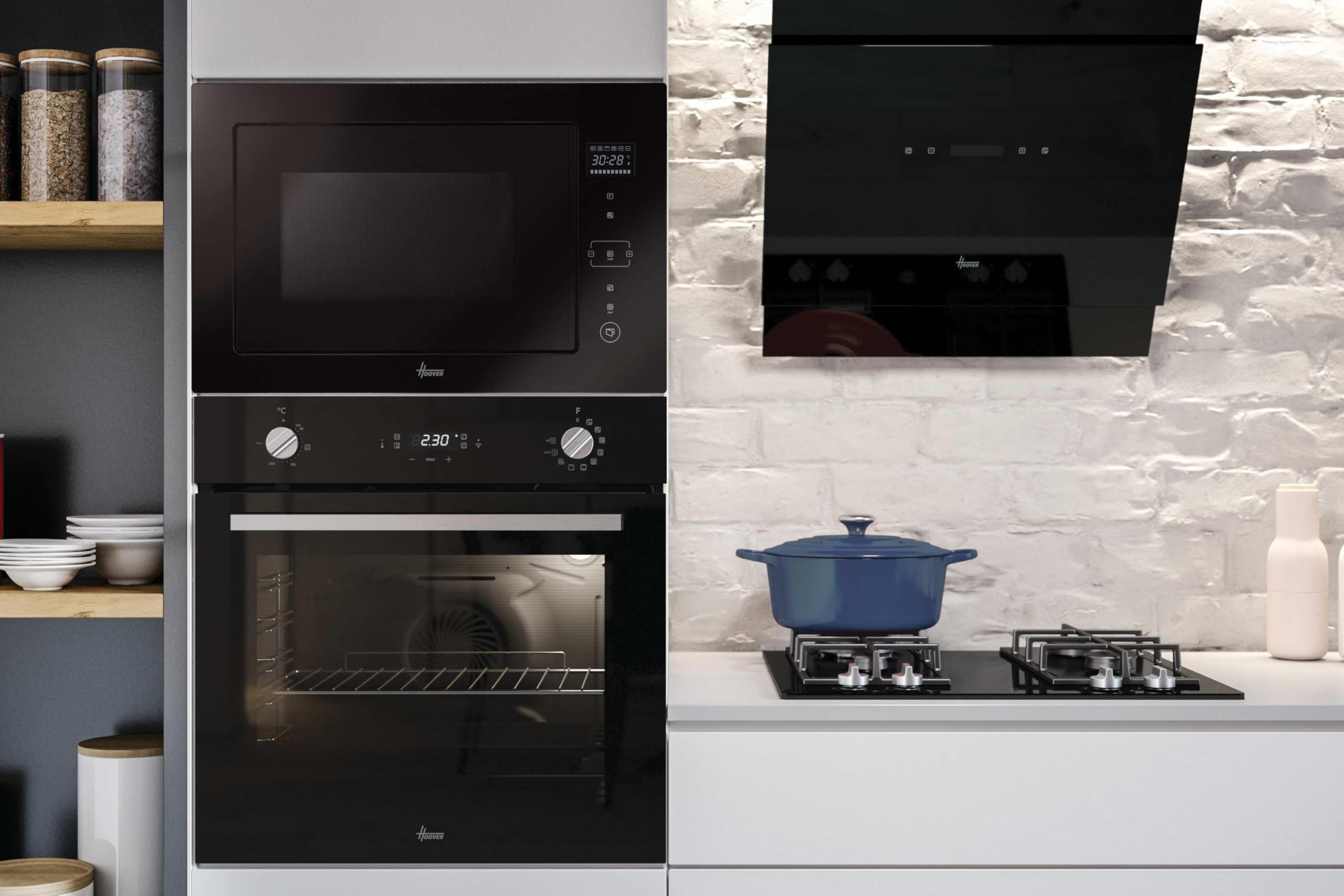 Hoover H-MICROWAVE 500 HMBG25/1GDFB, Microondas integrable con grill, 25L, Digital, Sin marco, 5 niveles potencia, 6 programas automáticos, Plato giratorio 31,5cm, Quick Start, 900W/1000W, Negro