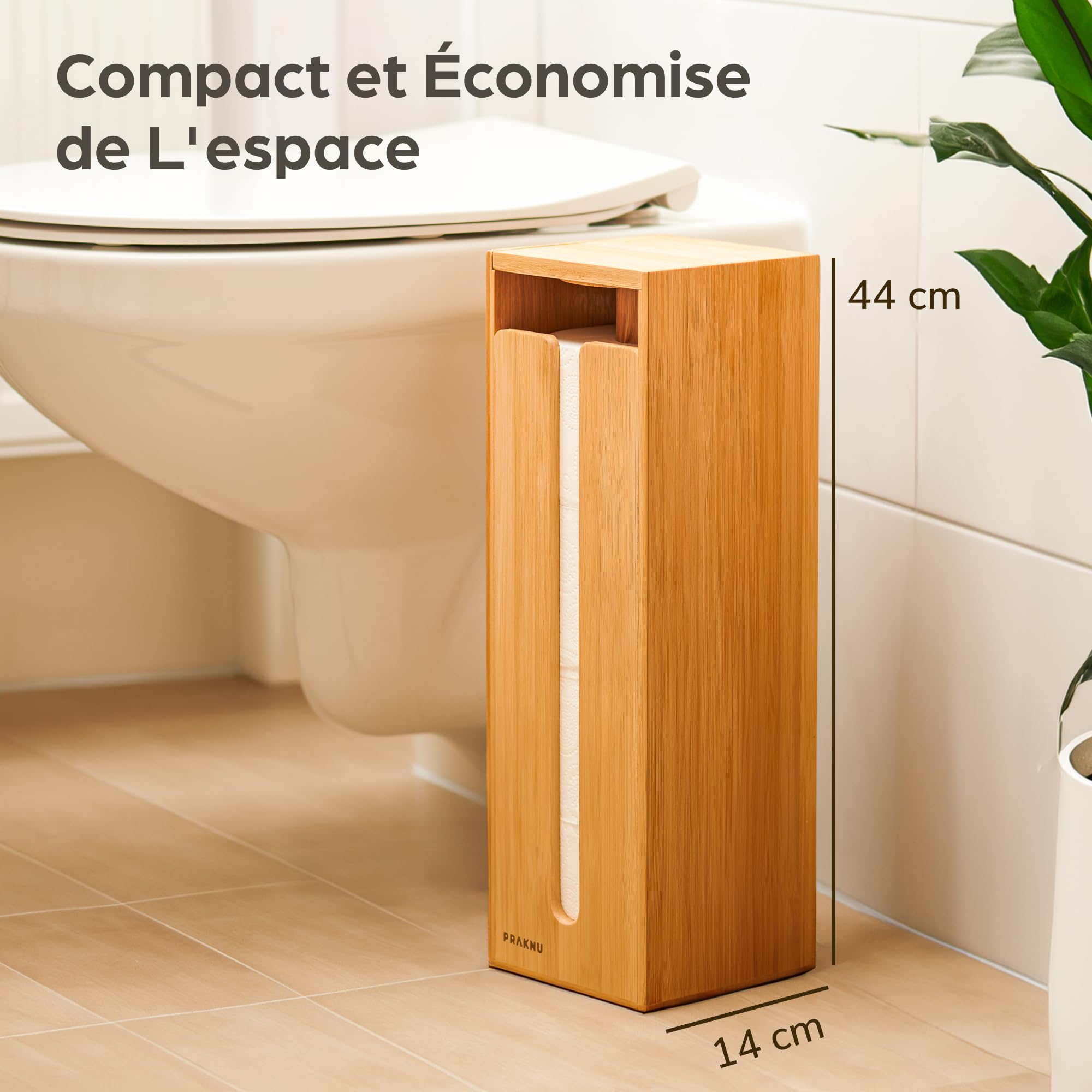 Praknu Porte Papier Toilette sur Pied Bois - Rangement Papier Toilette Bambou FSC avec Couvercle Magnétique pour 4 Rouleaux - Peu Encombrant - Antidérapant