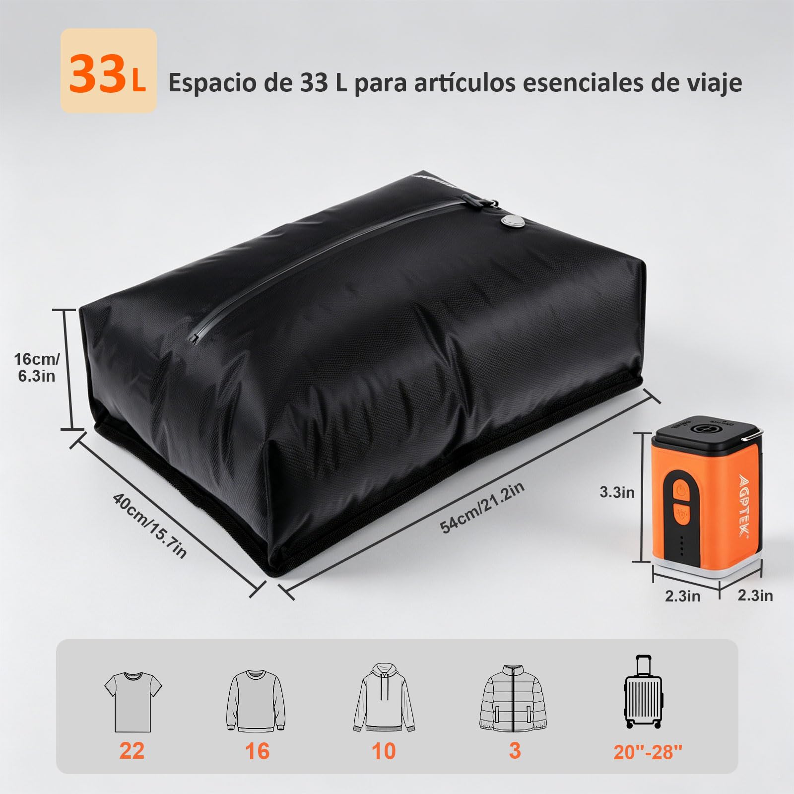 AGPTEK Bolsas Vacío Viaje 33L, 2 Unidades con Bomba Eléctrica 4KPa | Nylon 70D+TPU Resistente, IP67 Impermeable, Ahorra 50% Espacio, Bomba Inalámbrica con Luz LED/SOS, 33L para Maleta 20"-28"