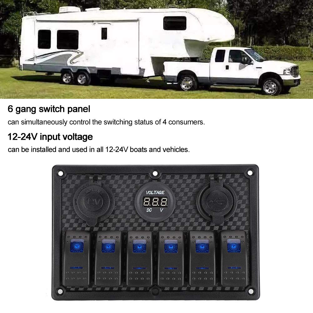Naroote 6 Gang Rocker Switch Panel, Wodoszczelny Panel Przełączników, | Trwały, z okablowaniem ułatwiającym instalację, kompatybilny z napięciem 12 V–24 V, zawiera dwa porty USB
