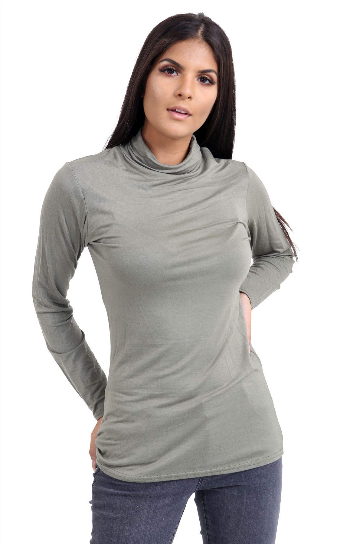 Janisramone Women's Khaki Long Sleeve Turtle Polo Neck T-Shirt Slim Fit Jersey Casual Basic Plain Tee Vest Top