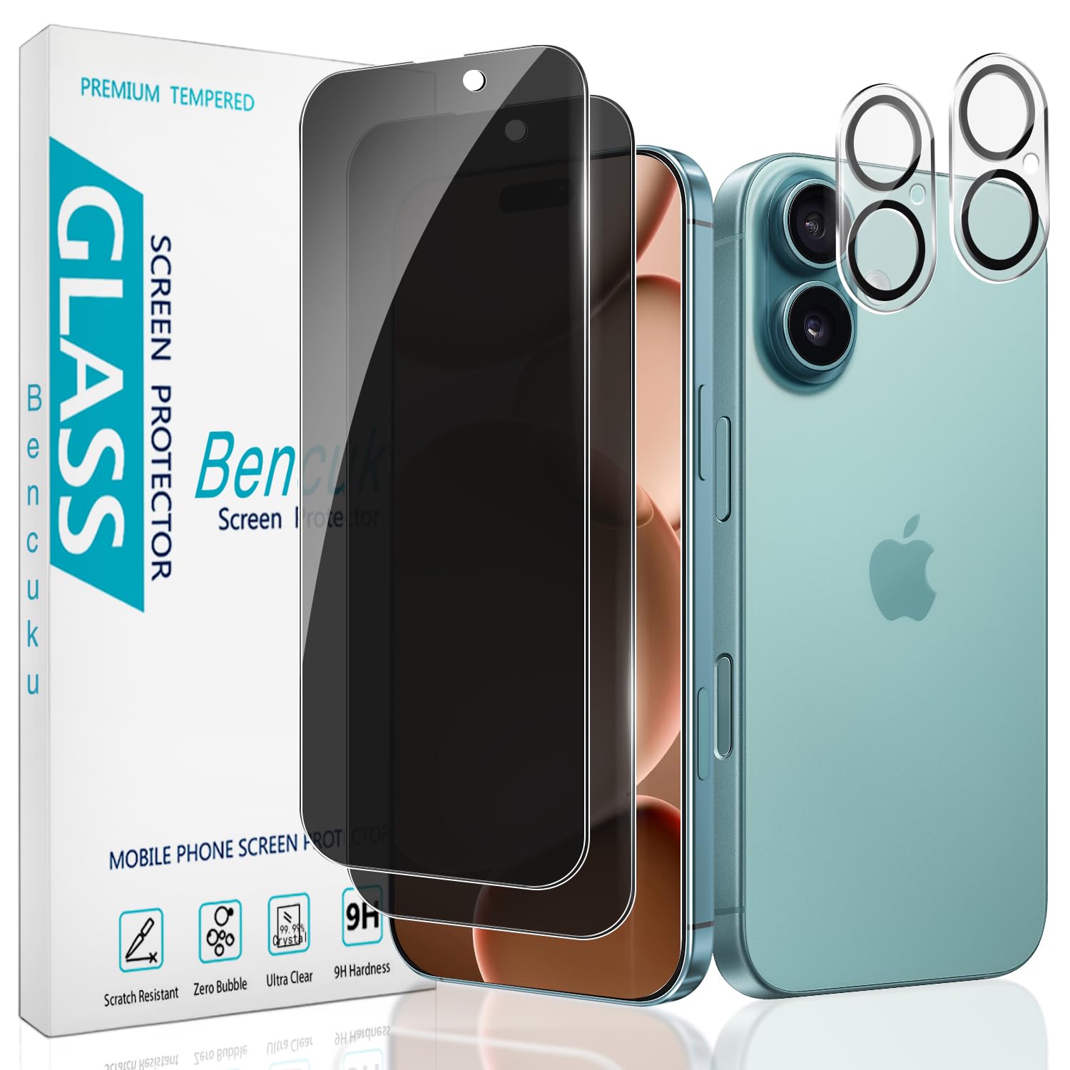 Photo 1 of Bencuku 2 Pack Privacy Screen Protector for iPhone 16 Plus 6.7 Inch with 2 Pack Camera Lens Protector, Anti Spy Private Tempered Glass, Anti Scratch, Bubble Free