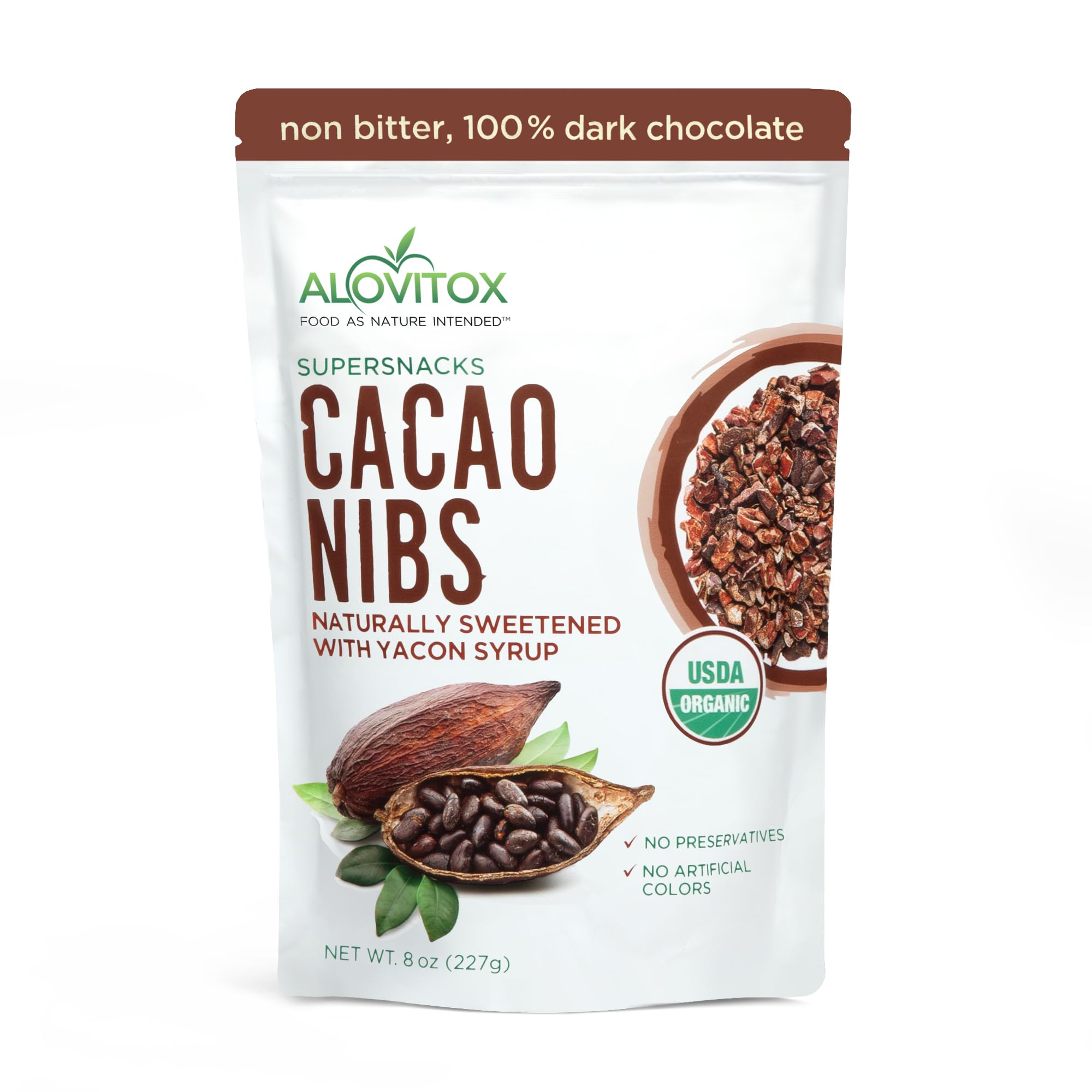 Alovitox Cacao Nibs With Organic Yacon Syrup | Healthy Protein Bite Snack (Raw, Non-GMO, Sugar Free, Keto, Paleo, Gluten Free & Vegan) | Antioxidant With Criollo Chocolate Extracts | 8 Oz