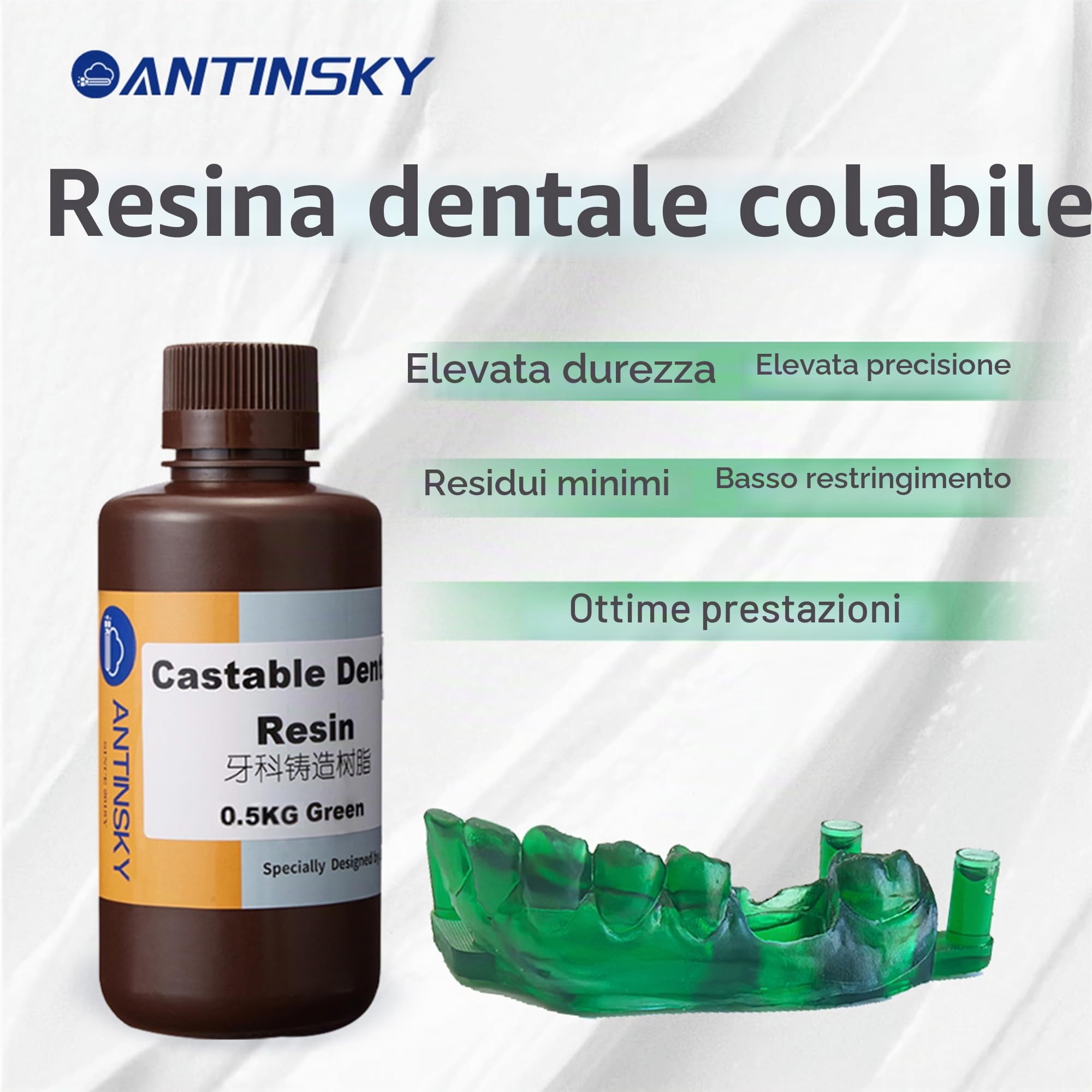 Antinsky Resina Dentale Fondibile per stampanti 3D DLP/LCD, polimerizzazione UV 405 nm, combustione completa, fusione facile per impianti dentali, strutture e corone, alta precisione, 0,5 kg verde