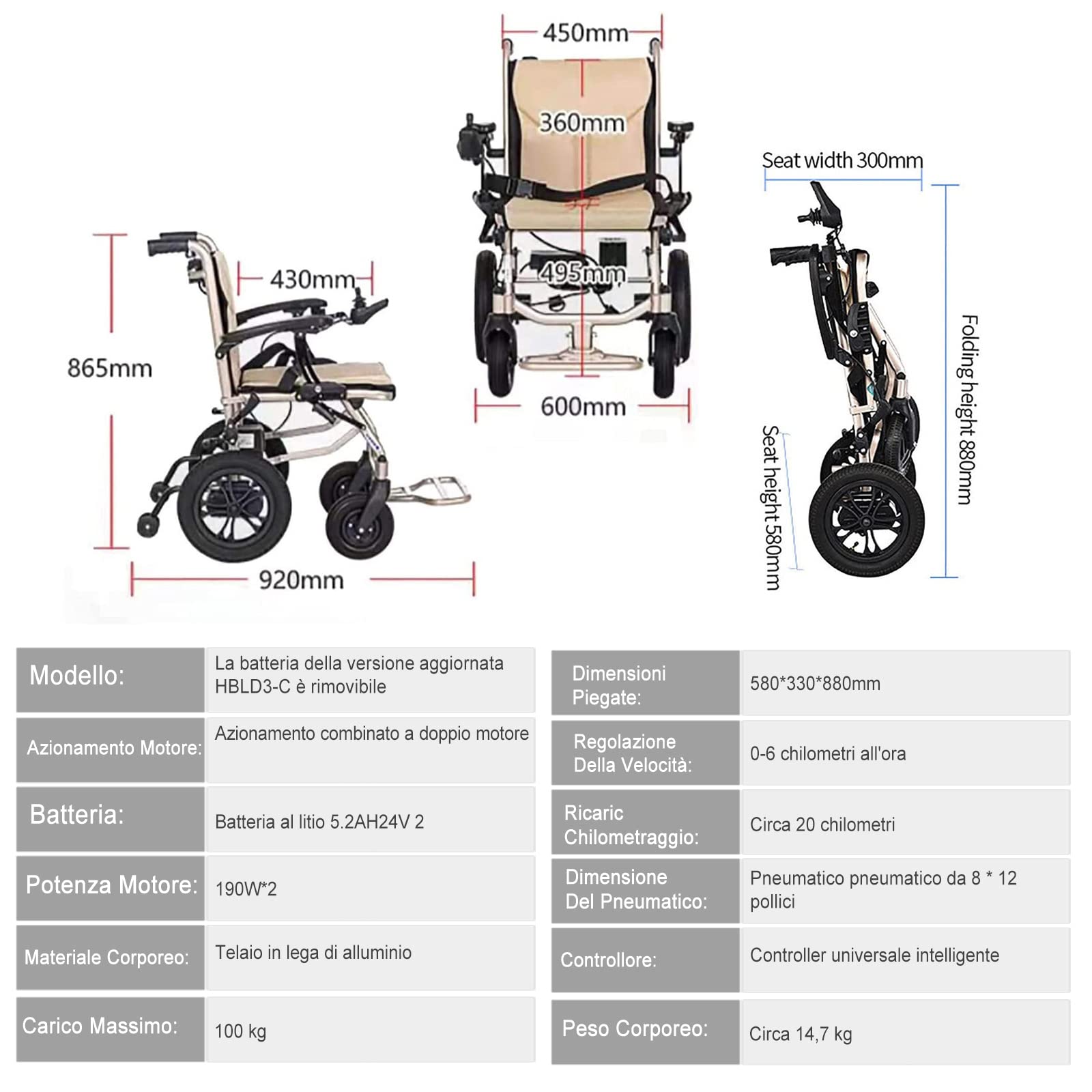 Sedia A Rotelle Elettrica, Leggera (14 kg), Pieghevole/Doppio Comando, Poggiapiedi Mobile/Autonomia di Crociera: 20 Chilometri, Controllo Intelligente, per Anziani E Disabili,A