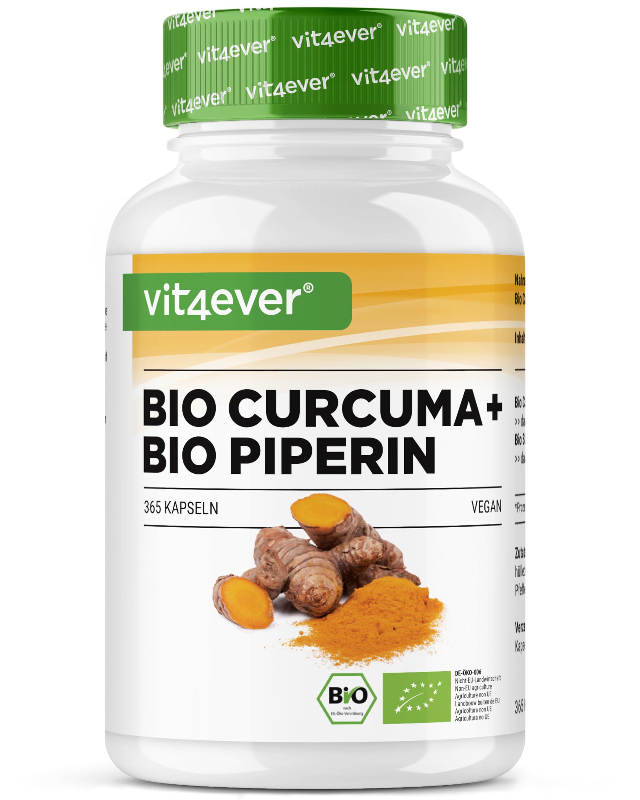 Curcuma organica con pepe nero - 365 capsule - 4511 mg di curcuma organica (Kurkuma) per dose giornaliera - con curcumina e piperina - 100% qualità organic - alto dosaggio - vegano