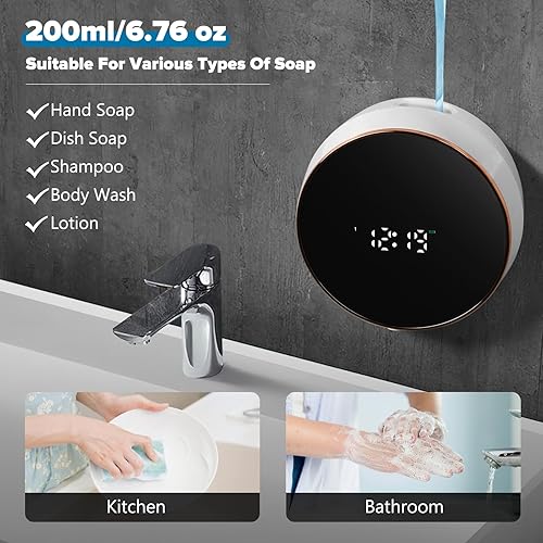Miniatura 6 de Dispensador automático de jabón líquido para baño montaje en pared, recargable, sin contacto, ajustable, automático, eléctrico, de plástico, blanco,