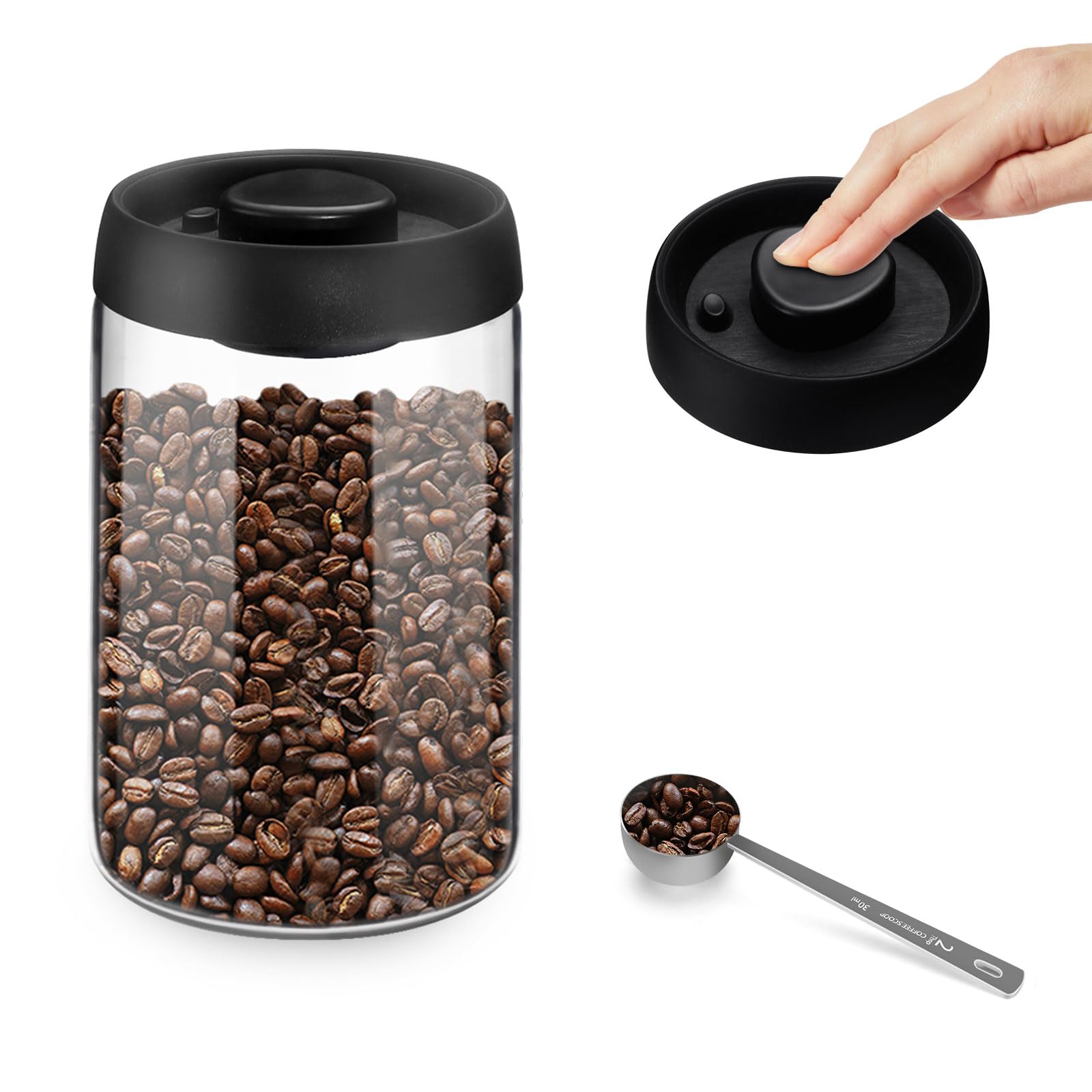 Realand Transparent Vacuum Coffee Bean Storage Canister, 1.2L Airtight Coffee Storage Container, Glass Manual Vacuum Seal Coffee Container With Coffee Scoop For Bean, Ground, Tea