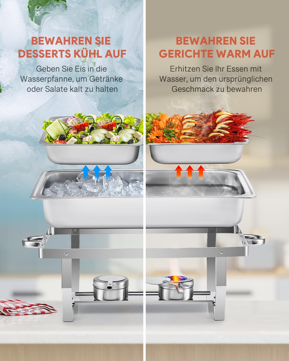 Wilprep Chafing Dish Edelstahl 9L 1/2+1/2 GN-Behälter Buffet-Set Warmhaltebehälter 6 Sets Speisenwärmer Wärmebehälter Rechaud für Catering, Buffet und Party